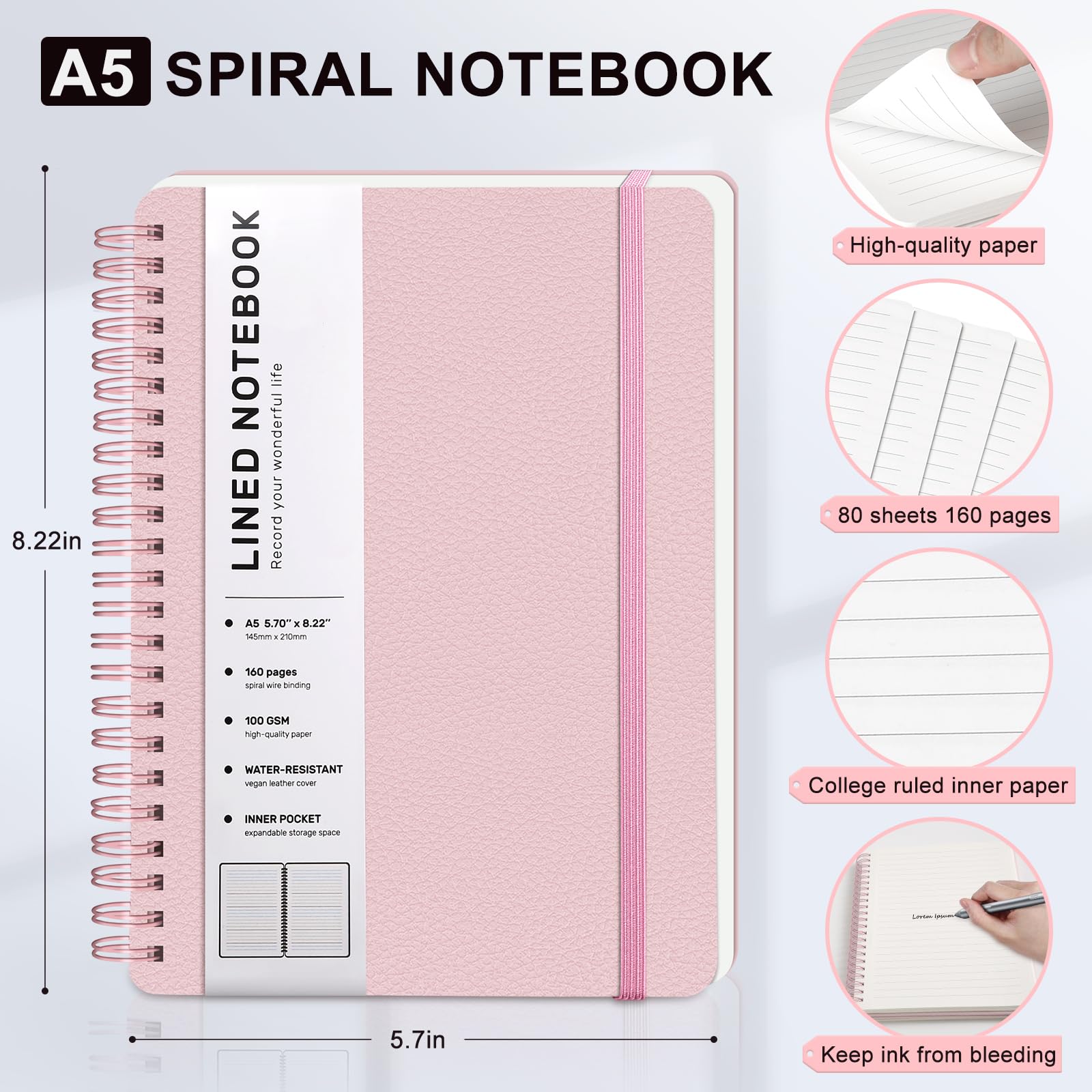 ABERLLS Pink Lined Spiral Journal Notebook with 160 Pages, 8×5.7in, A5 Spiral Notebook, Journaling Notebooks for Work, School, Women, Men, College Ruled Spiral Notebook, Hardcover Leather Journals