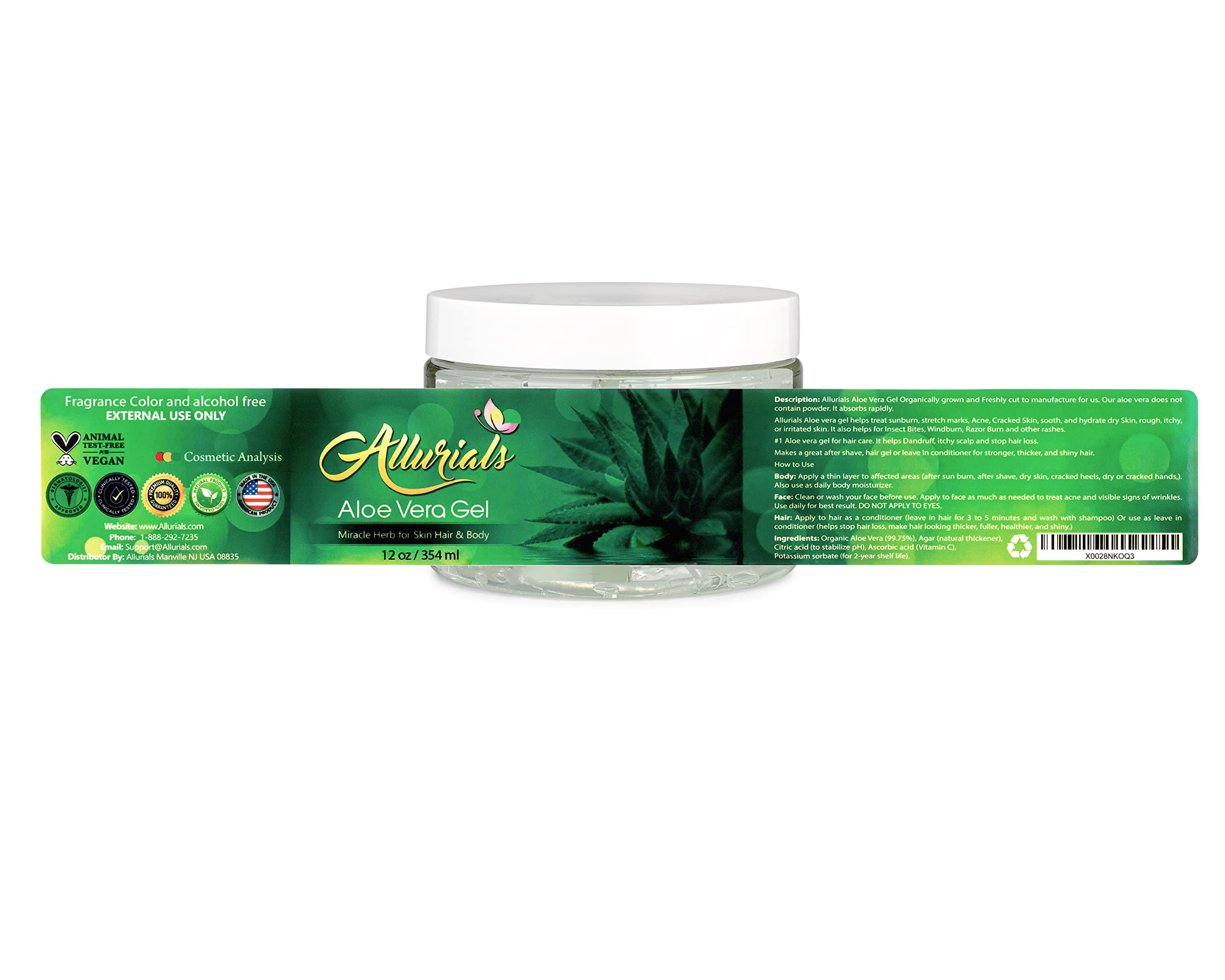 Allurials 100% Pure & Organic Aloe Vera Gel, Clinically tested & Dermatologist approved, Hydrates & Heals Dry & Damaged Skin & Hair- 12 Oz