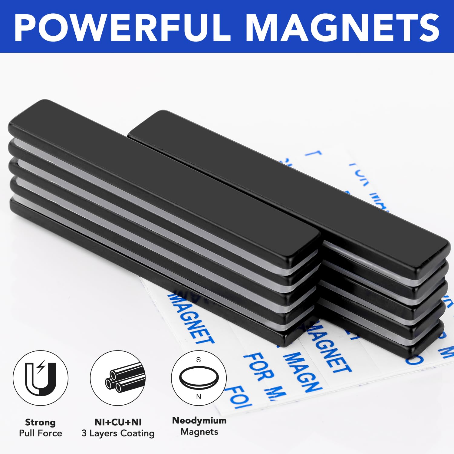 MIKEDE Neodymium Magnets, 5 Pack Black Super Strong Magnets Bar, Waterproof Heavy Duty Magnet with Adhesive Backing, Rare Earth Small Magnet Strips for Fridge, DIY, Craft, Science - 60x10x3 mm