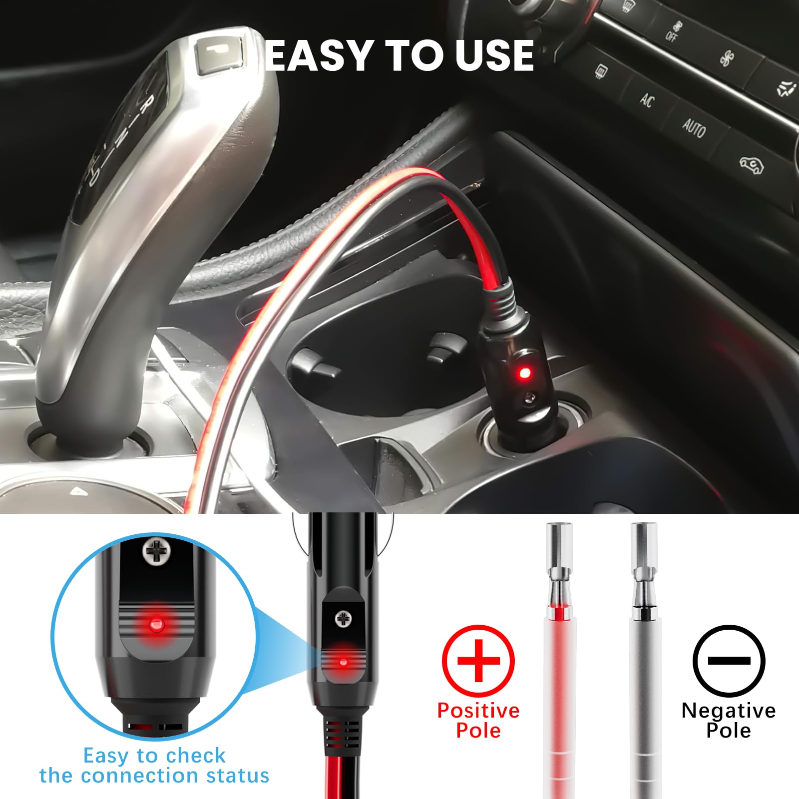 YONHAN Cigarette Lighter Male Plug 12V Fused Replacement 2 Pack, Male Cigarette Lighter Plug Adapter with Leads & LED Light, 12v Plug Connector Socket 1FT 16AWG Extension Cable with 15A Fuse