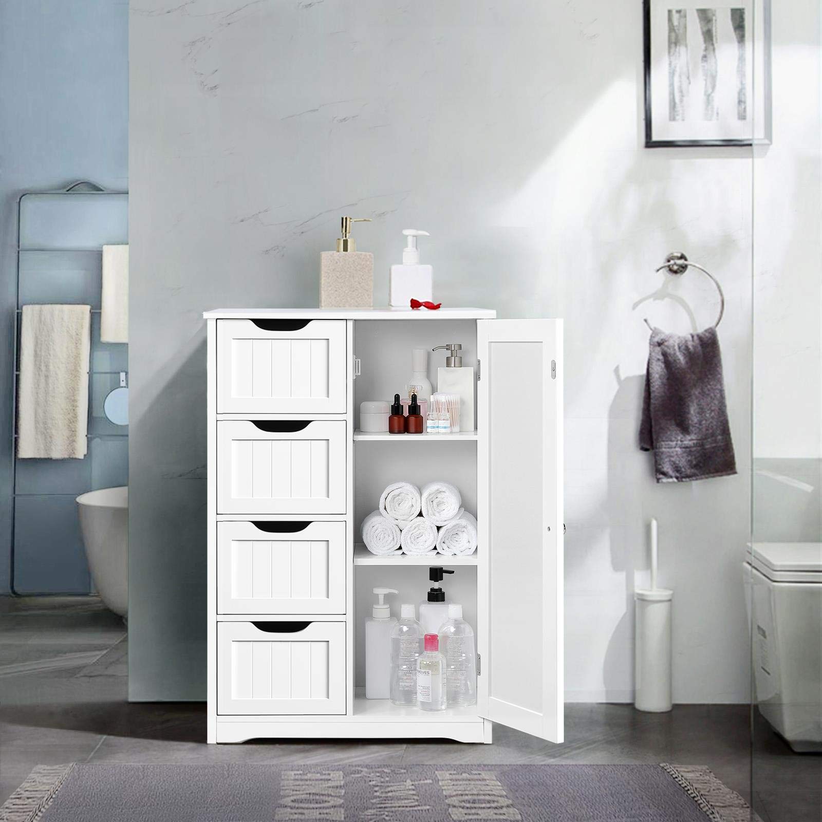 Yaheetech Wooden Floor Cabinet, Side Storage Organizer with 4 Drawers and 1 Cupboard, Freestanding Entryway Storage Unit Console Table, Bathroom Furniture Home Decor, White