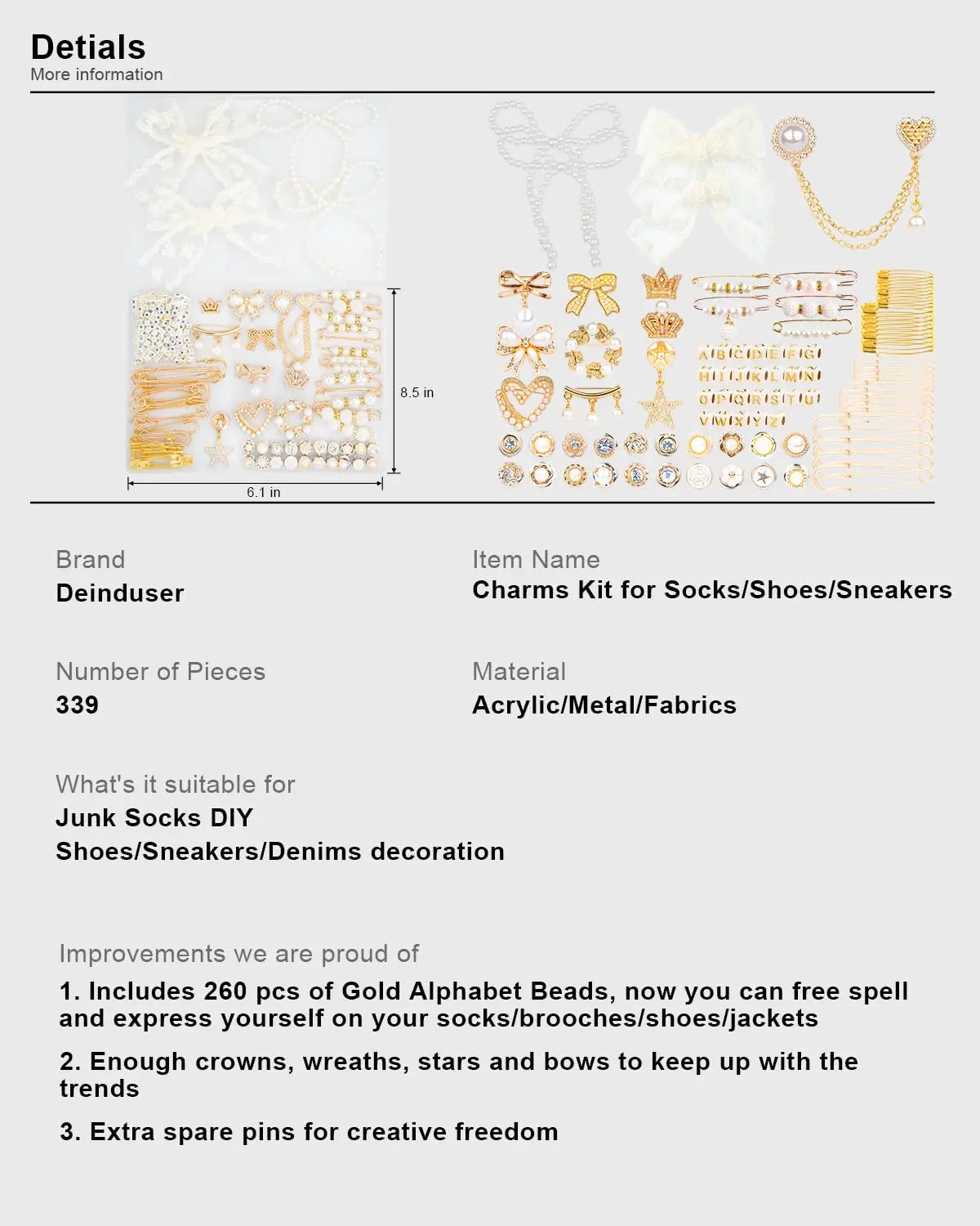 Deinduser Shoe Charms for Sneakers, Junk Socks Charms Kit for Women, Bling Junk Sneaker Charm Set, Gold Shoelace Charm with Pearl Bows and Letters