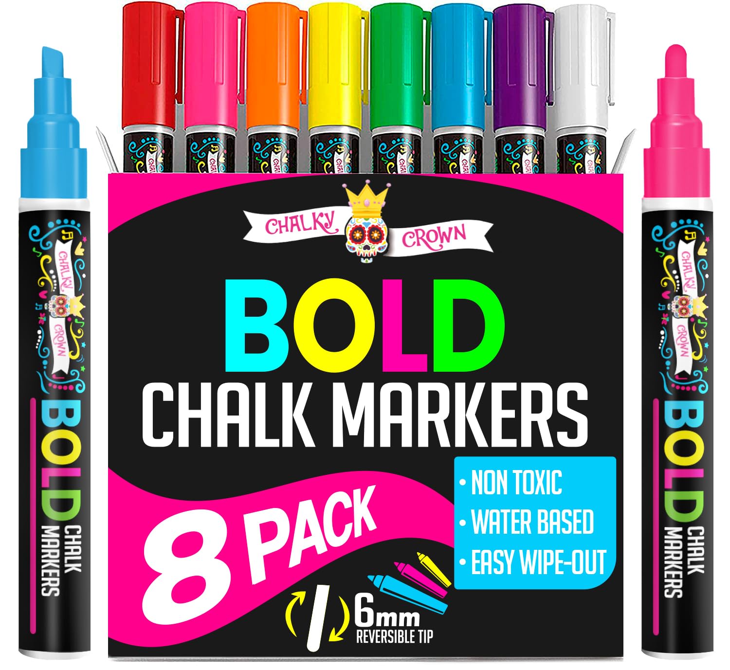 Liquid Chalk Markers for Blackboards - Bold Color Dry Erase Marker - Chalk Markers for Chalkboard Signs, Windows, Blackboard, Glass - 6mm Reversible Tip (8 Pack) - 24 Chalkboard Labels Included