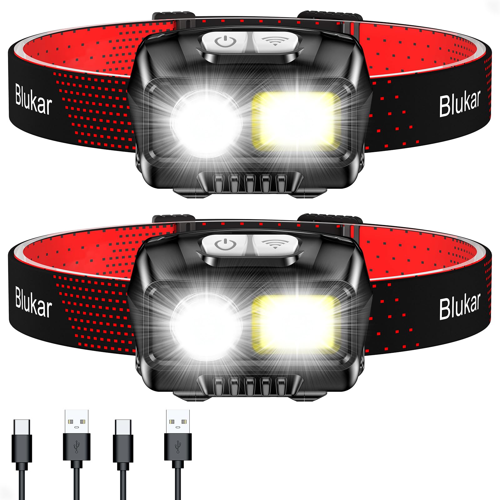 Blukar LED Headlamp Rechargeable,2000L High Lumen Super Bright Dimmable Headlight Flashlight with Motion Sensor- 8 Modes,Spotlight&Floodlight,IPX5 Waterproof for Camping,Hiking,Running,Fishing -2 Pack
