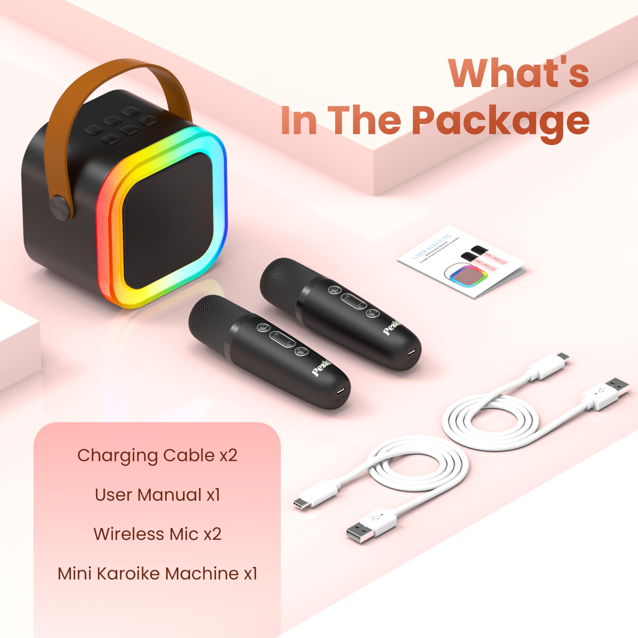 Karaoke Machine for Kids Adults, Portable Bluetooth Mini Karaoke Microphone Singing Speaker with 2 Wireless Mic and Light, for All Smartphones,Birthday, Family,Home Party (Black)