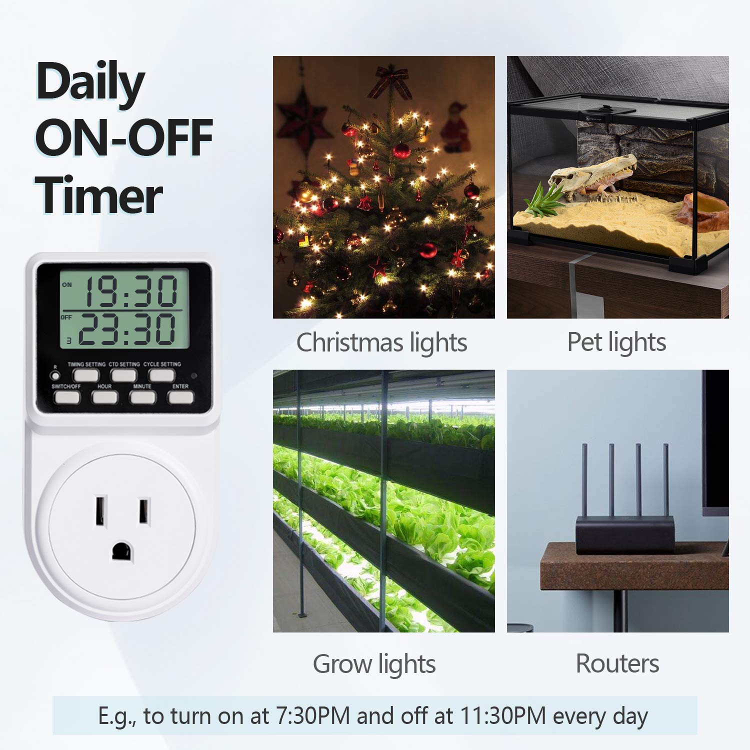 Techbee Digital Infinite Repeat Cycle Intermittent Timer Plug for Electrical Outlet, 24 Hour Programmable Indoor Timed Power Switch with Countdown Delay On and Off (120V, 15A), 1 pack