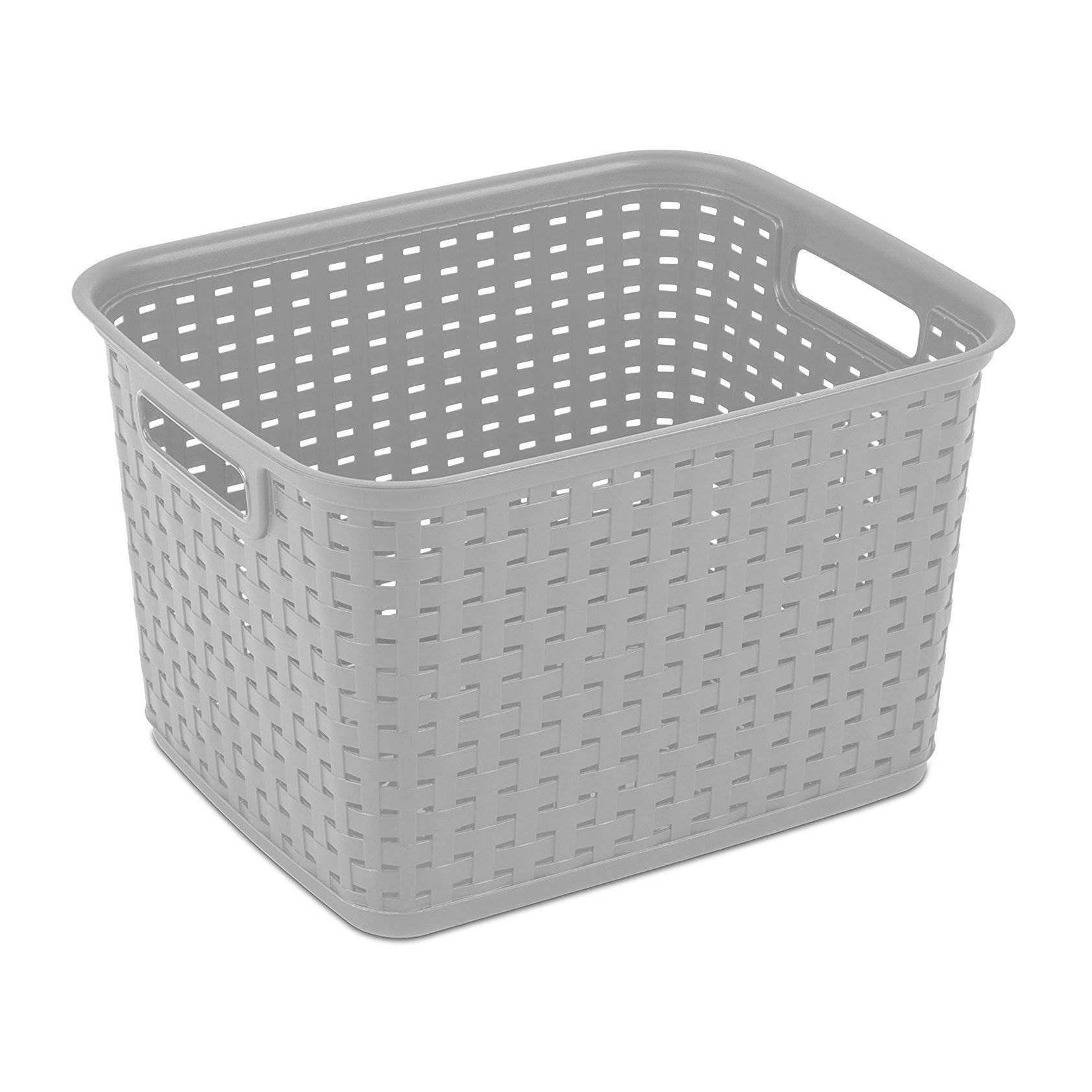 Sterilite 6-Pack Tall Weave Basket, Wicker-Style Plastic Open Storage Bin, Cement Gray - Multi-Purpose Decorative Organizer for Laundry Area, Shelves, Closets, Pantries, Living Rooms or Offices