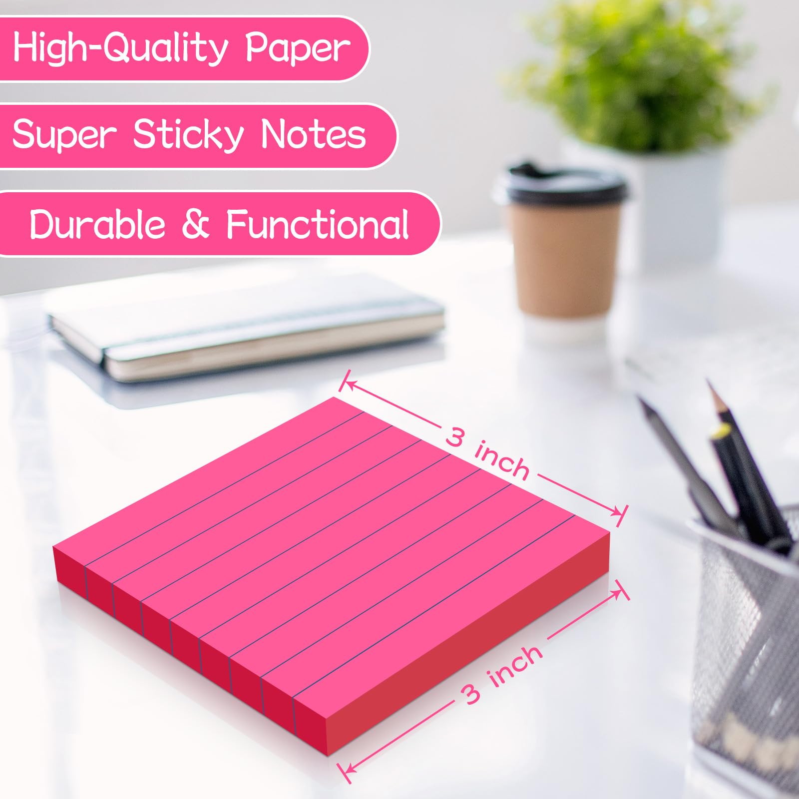 (18 Pads) Lined Sticky Notes 3x3 in Bright Ruled Post Stickies Colorful Super Sticking Power Memo Pads