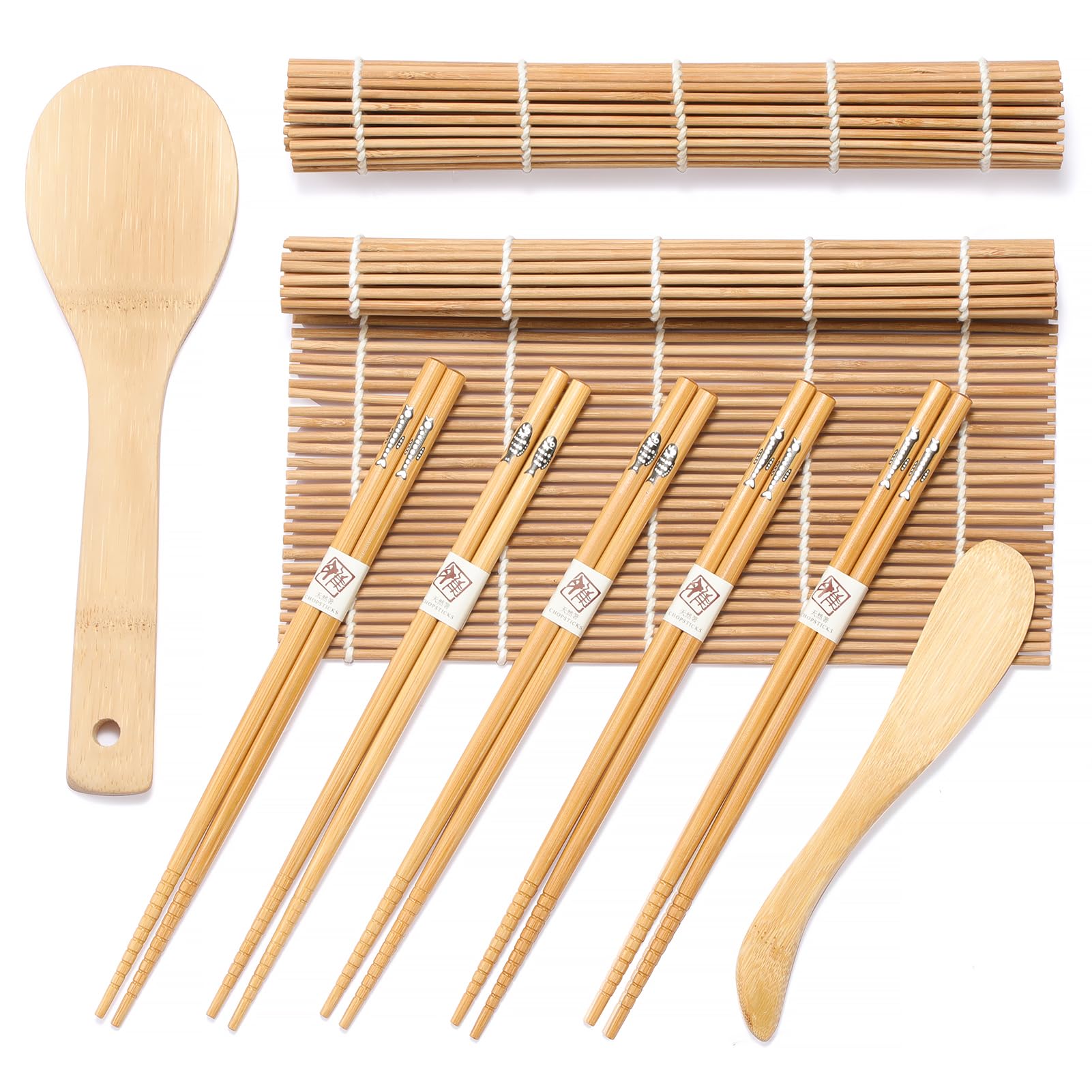 Sushi Making Kit, Delamu Bamboo Sushi Mat, Including 2 Sushi Rolling Mats, 5 Pairs of Chopsticks, 1 Paddle, 1 Spreader, 1 Beginner Guide PDF, Beginner Sushi Kit, Sushi Plates