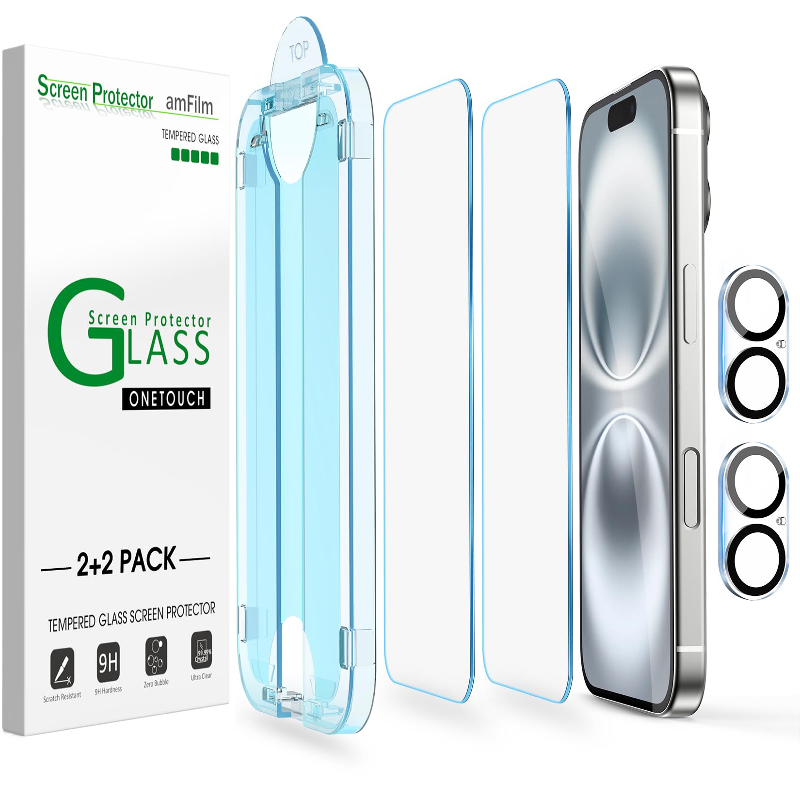 amFilm OneTouch 2+2 Pack Compatible with iPhone 15 Screen Protector 6.1" Tempered Glass with Camera Lens Protector Accessories, Premium Easiest Installation Kit 9H, Case Friendly Anti-Scratch HD