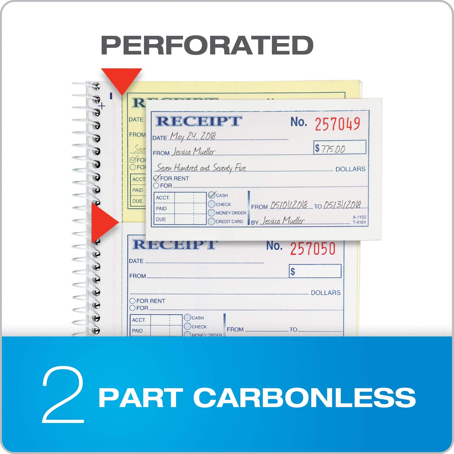 Adams Money and Rent Receipt Book, 2-Part Carbonless, 5-1/4 x 11, Spiral Bound, 200 Sets per Book, 4 Receipts per Page (SC1152)