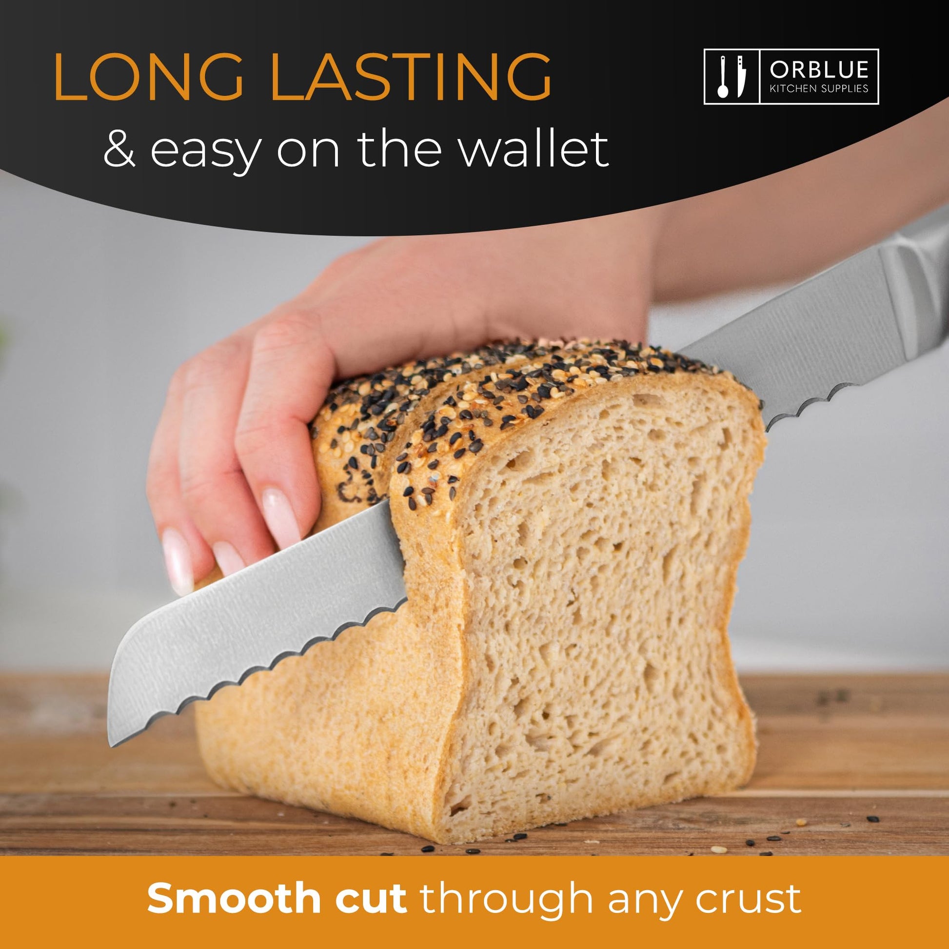 Orblue Serrated Bread Knife with Upgraded Stainless Steel Razor Sharp Wavy Edge Width - Bread Cutter Ideal for Slicing Homemade Bagels, Cake (8-Inch Blade with 5-Inch Handle)