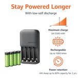 Amazon Basics - 4 Bay Battery Charger for AA & AAA Rechargeable Batteries with Rechargeable AA NiMh Batteries, 4 Count (Pack of 1), Type A (American) Plug, Black