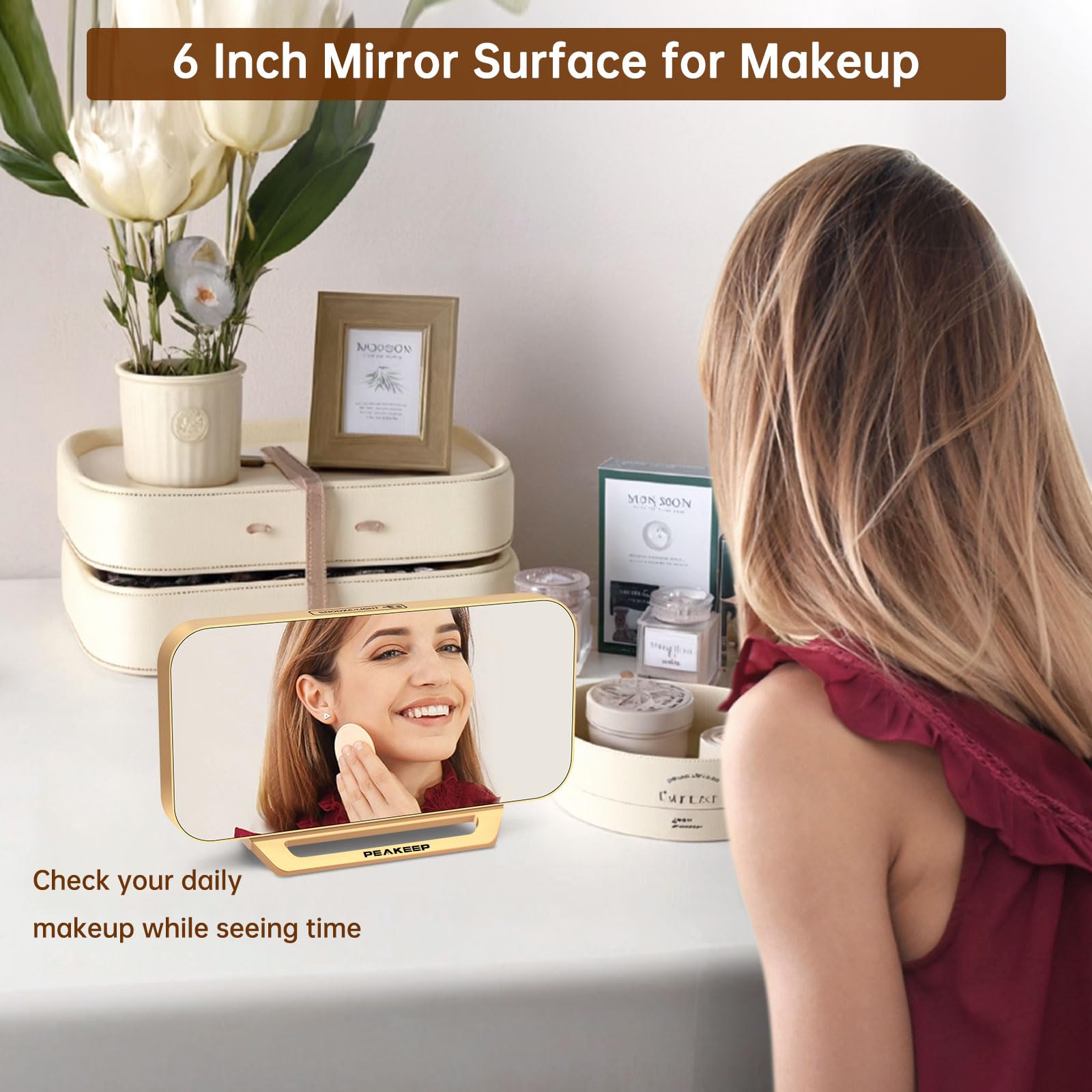 Peakeep Slim Digital Mirror Aesthetic Alarm Clock for Bedrooms Desk Decor - Plug in Electric Big LED Modern Small Clock for Office Living Room, Battery Backup, 6 Dimmers (Gold)