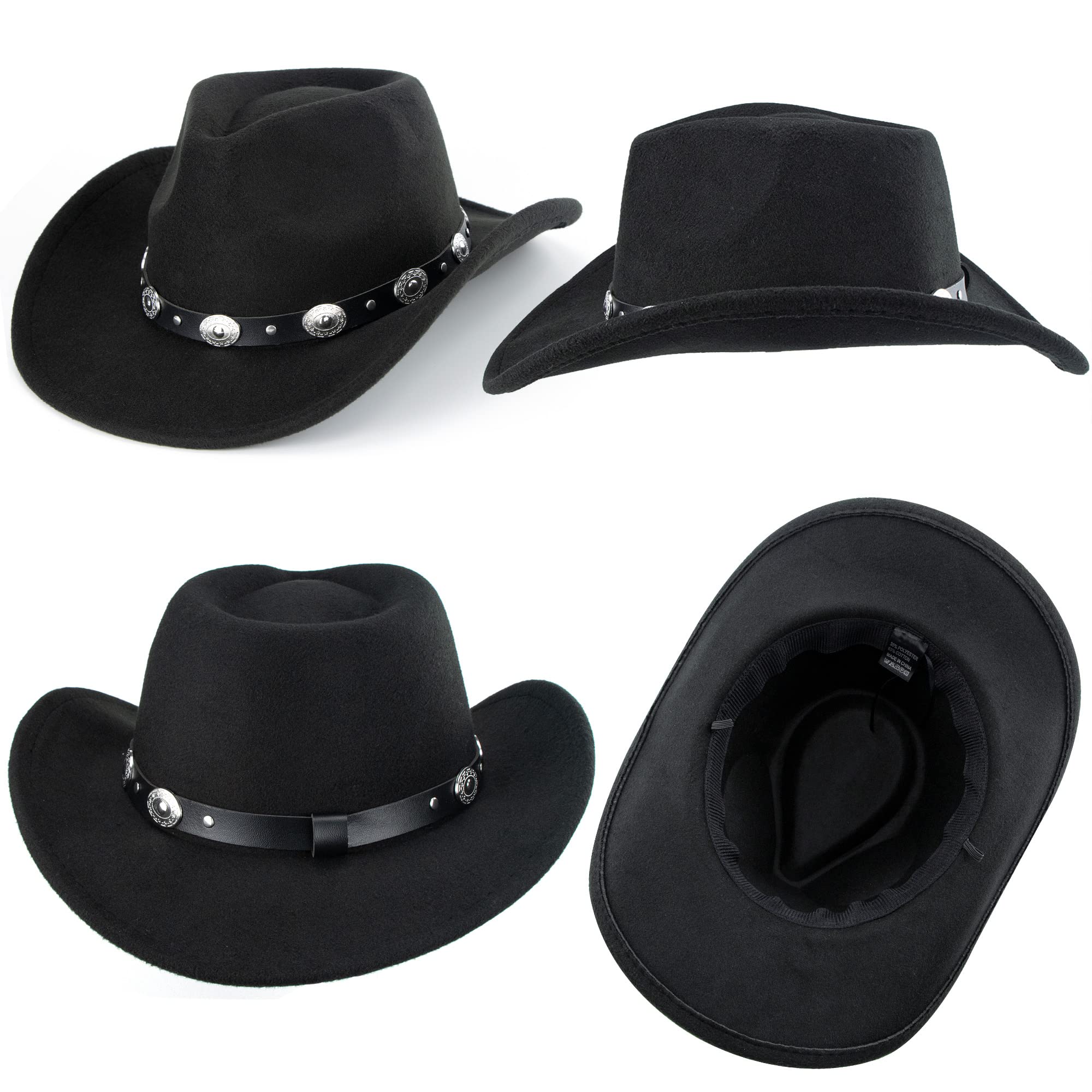 Womens Western Cowboy Hats Studded Pinched Western Cowgirl Hats Wide Brim Fedoras Hat with Belt Buckle (Size:Medium) Black