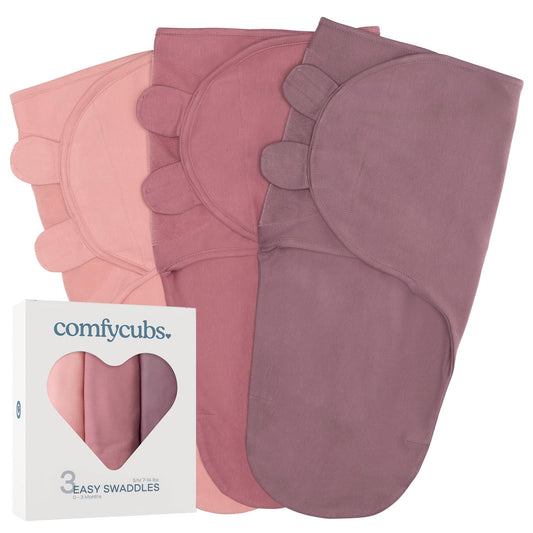 Comfy Cubs Swaddle Blanket Baby Girl Boy Easy Adjustable 3 Pack Infant Sleep Sack Wrap Newborn Babies (Small 0-3 Months, Blush, Mauve, Mulberry)