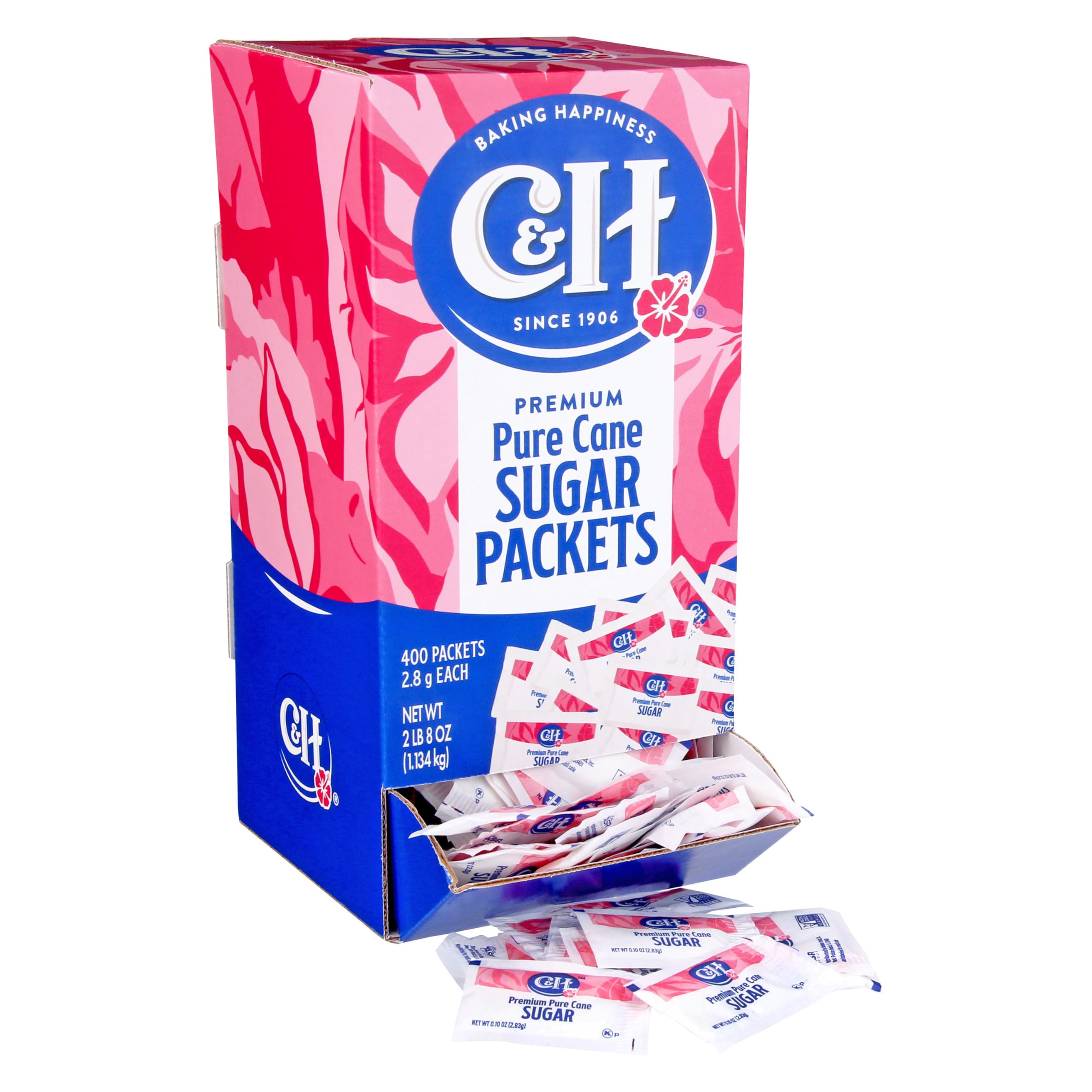 C&H Premium Reiner Rohrzucker, 2,8 g (0,10 Unzen) GMO-freie Portionspackungen, 400 Stück in Spenderbox