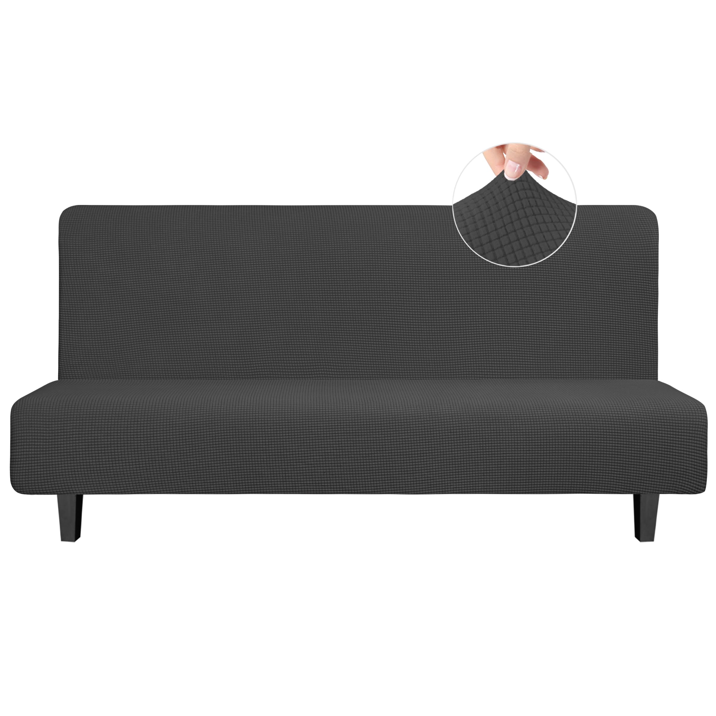 Easy-Going Stretch Futon Slipcover Armless Futon Bed Cover Furniture Protector Without Armrests with Elastic Bottom for Kids, Soft Jacquard Fabric Small Checks (Large, Dark Gray)