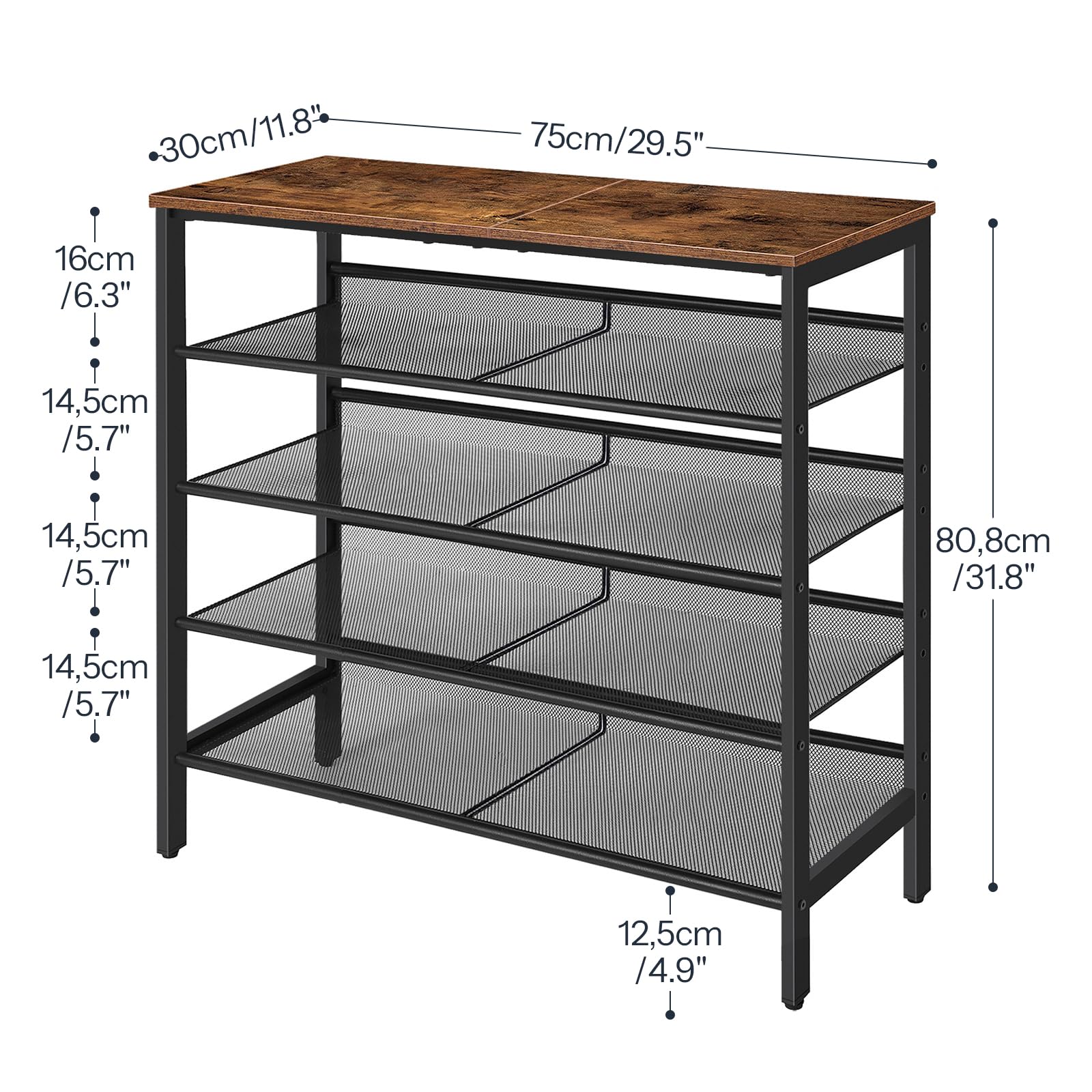 HOOBRO Shoe Rack for Entryway, 5-Tier Shoe Organizer with Adjustable Mesh Shelves, 16-20 Pairs of Shoes, Spacious Floor Mount, Metal, Industrial, Shoe Shelf for Closet, Rustic Brown BF12XJ01