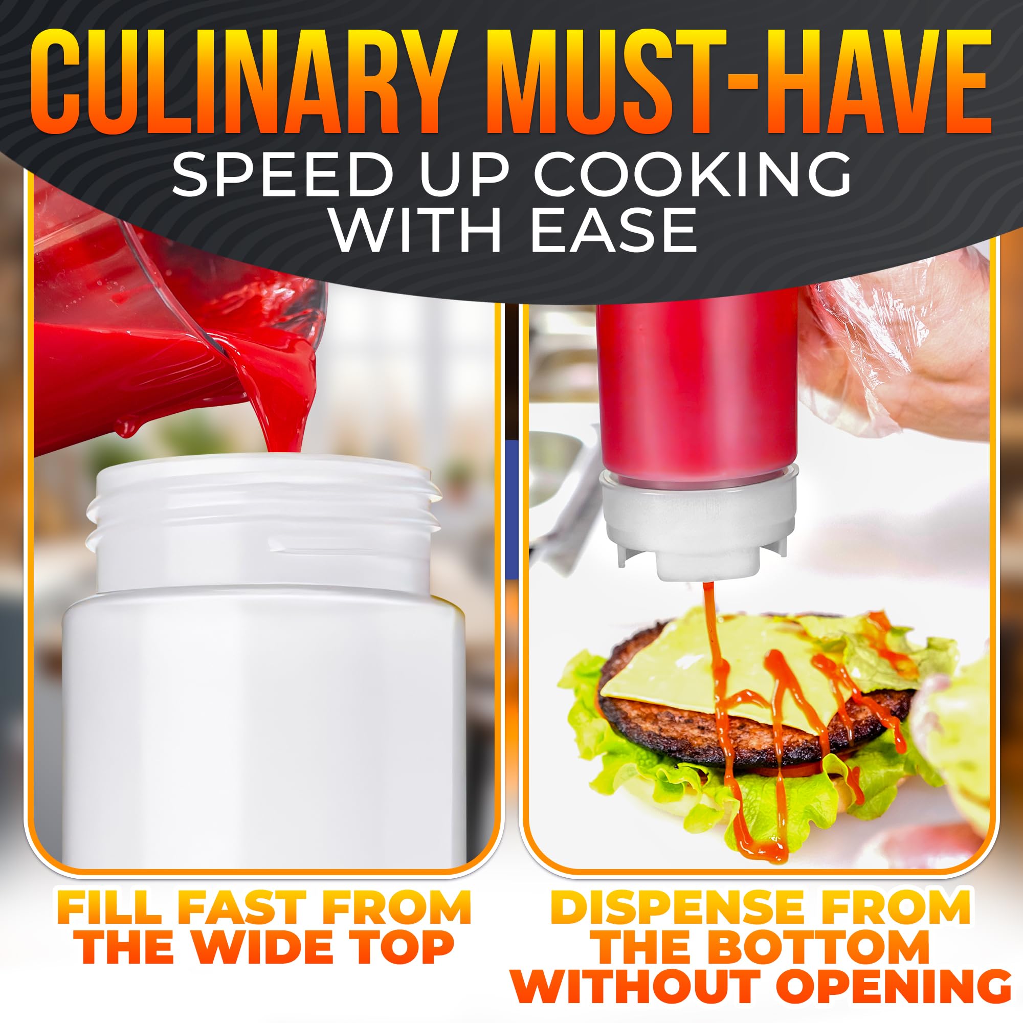 Set of 6 Condiment Squeeze Bottles for Sauces 16 oz – Easy-to-Fill Clear Bottles with Self-Closing Valve | Ready-to-Dispense for Dressings, Ketchup, Mustard & More, Durable, Reusable, Mess-Free Design