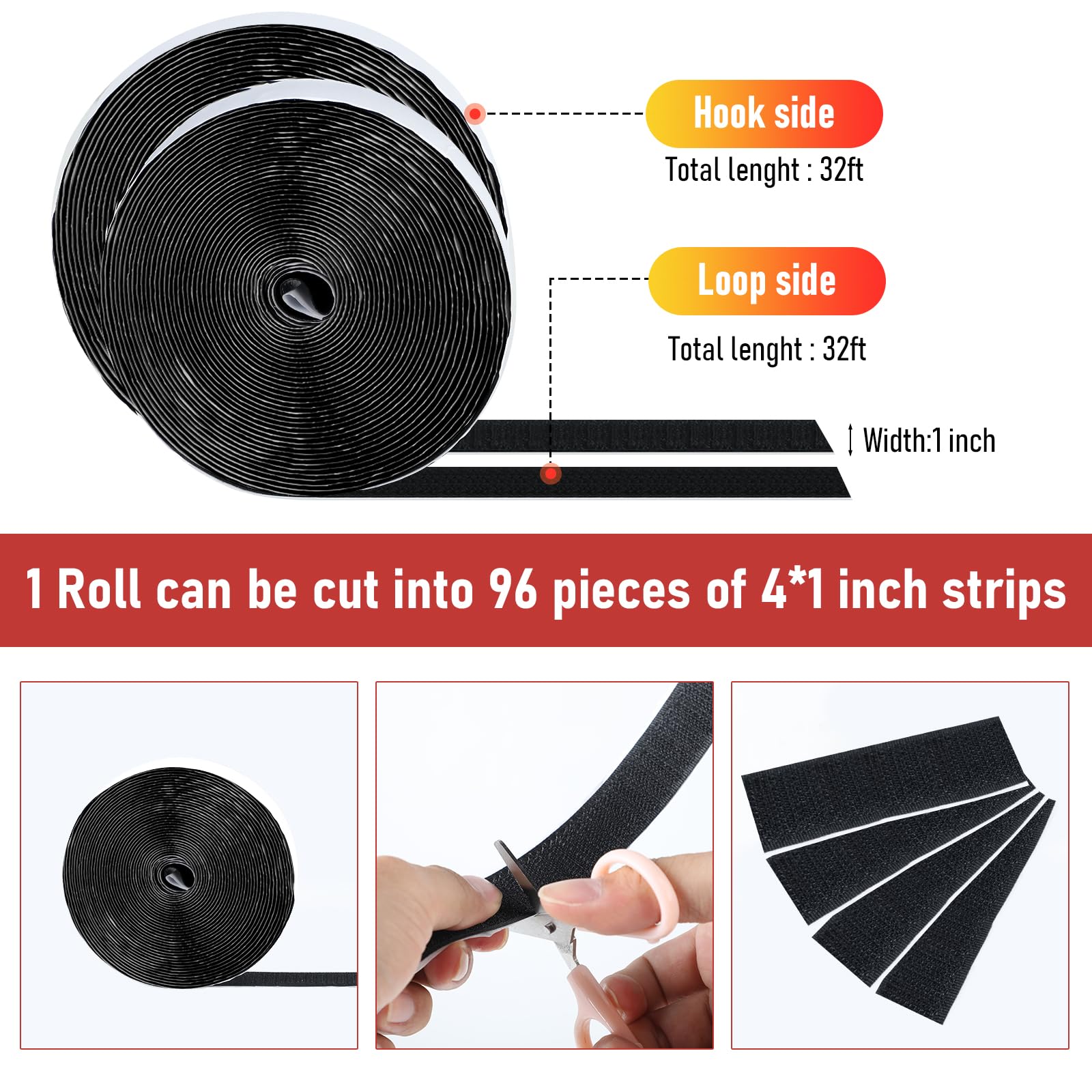 32Ft *1 Inch Hook and Loop Tape with Adhesive Back, Heavy Duty Double Sided Adhesive Strips, Strong Sticky Strips Roll for Home/Office/School/Car, Black