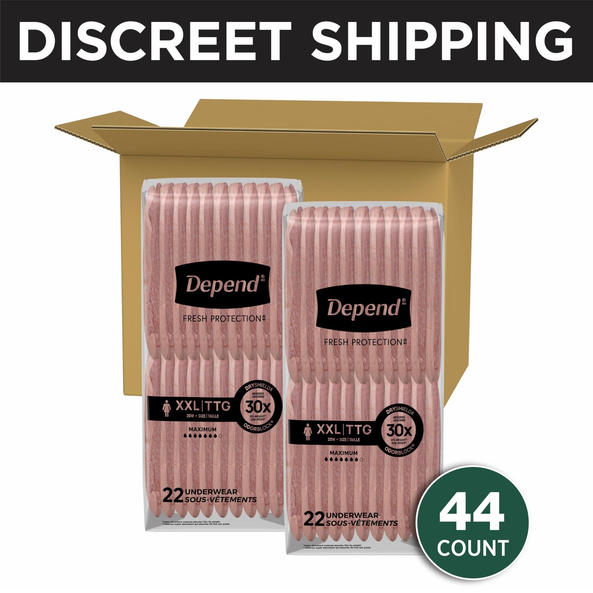Depend Fresh Protection Adult Incontinence & Postpartum Bladder Leak Underwear for Women, Disposable, Maximum, Extra-Extra-Large, Blush, 44 Count (2 Packs of 22), Packaging May Vary