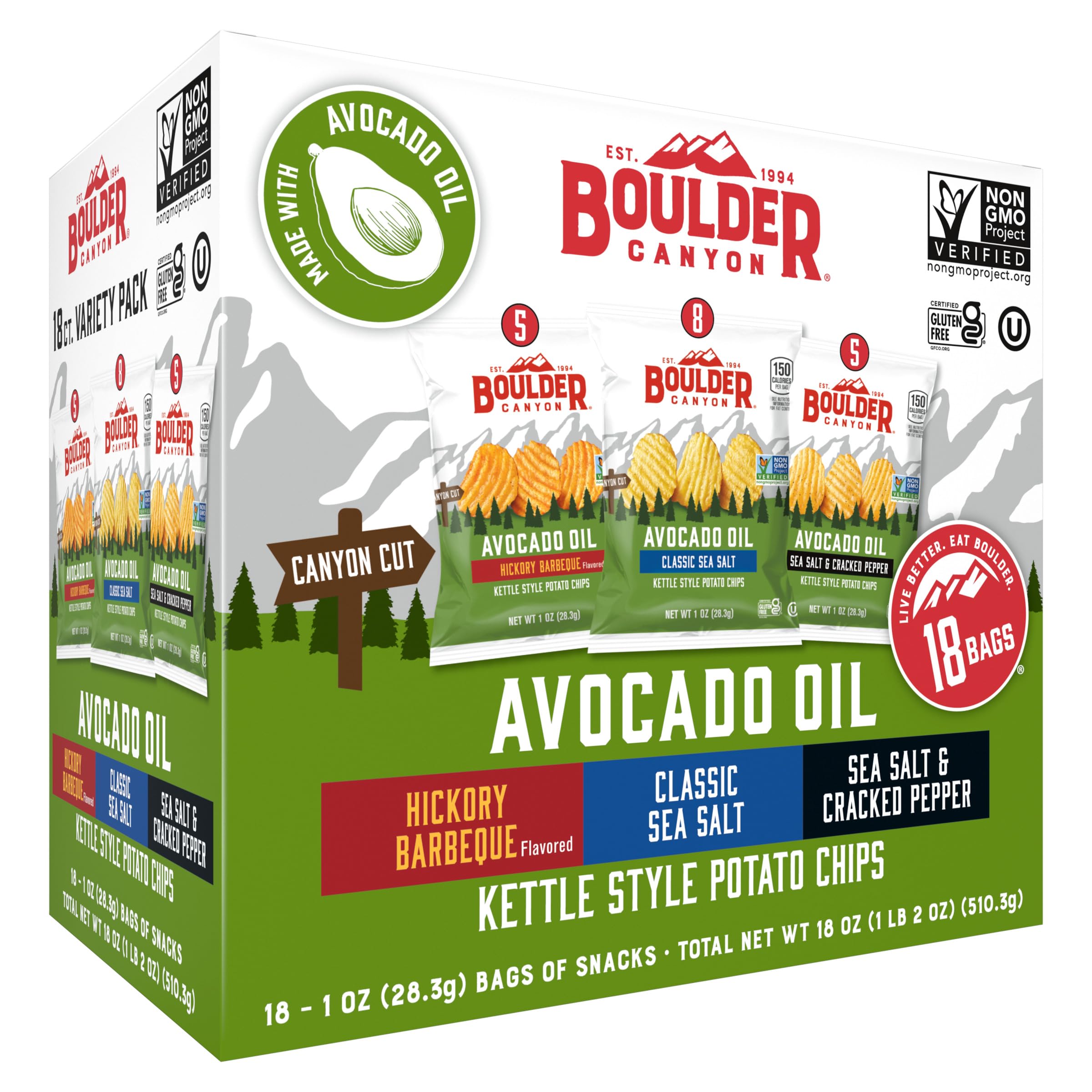 Boulder Canyon Avocado Oil Kettle Style Kartoffelchips Probierpaket, 18 Stück – Glutenfrei, Gentechnikfrei, Hickory Barbecue, Klassisches Meersalz, Meersalz & Pfeffer (28g-Beutel)