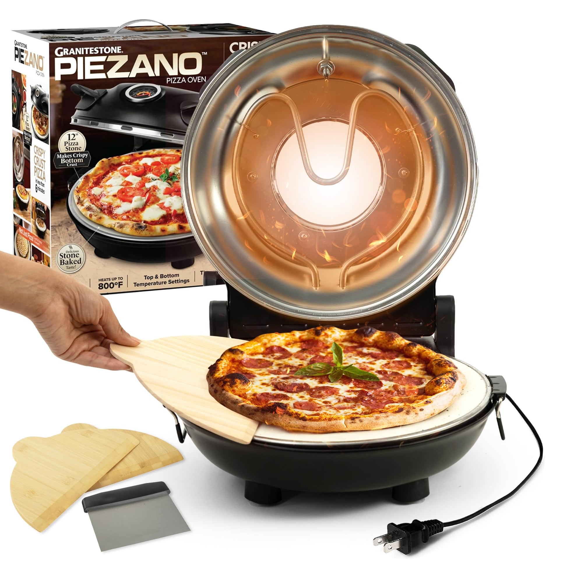 PIEZANO Crispy Crust Pizza Oven by Granitestone – 12 Inch Electric Pizza Oven Indoor Countertop Maker with Ceramic Stone Heats up to 800˚F for Delicious Stone Baked Pizzeria Style Pizza at Home