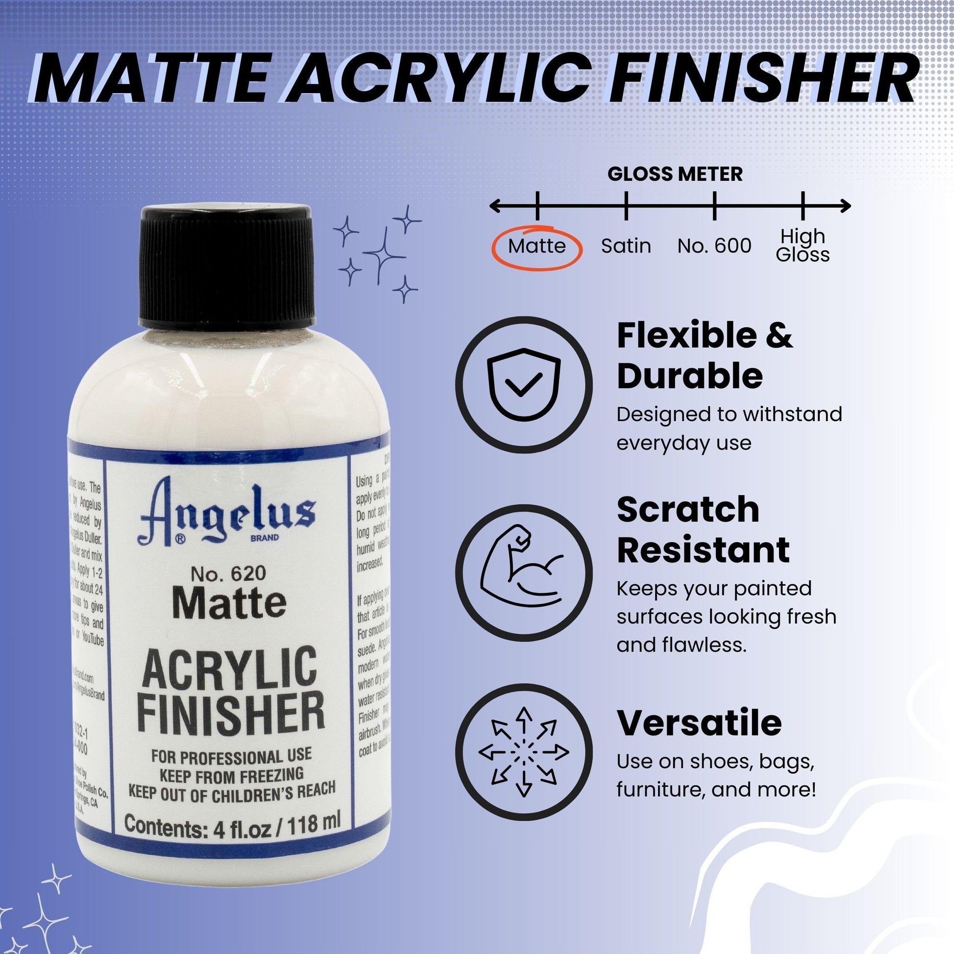 Angelus Matte Acrylic Finisher – Flexible Clear Coat for Leather Shoes, Bags, Jackets & Accessories, Matte Finish for Leather Craft & Restoration. No. 620-4 fl oz