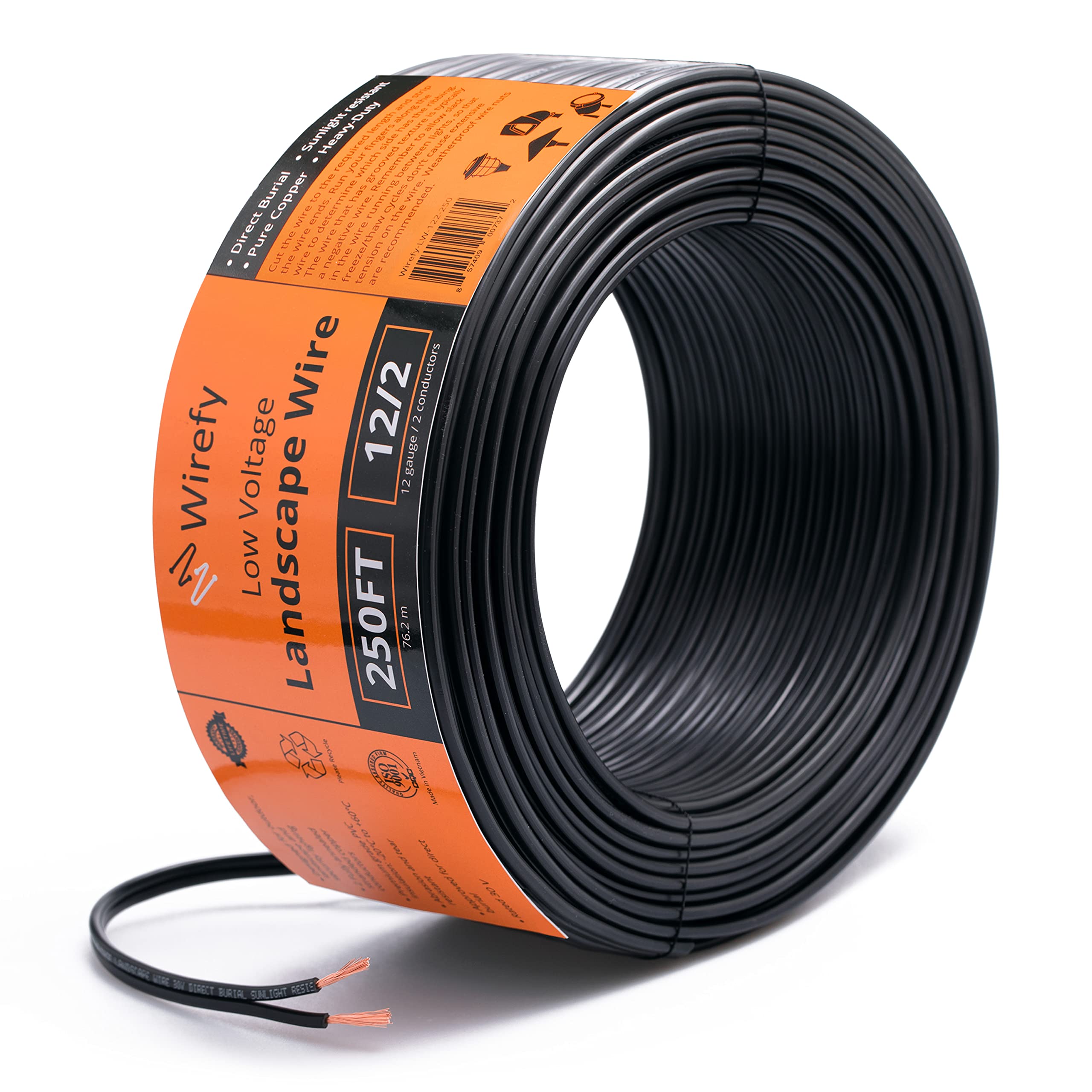 Wirefy 12/2 Low Voltage Landscape Lighting Copper Wire - Outdoor Direct Burial - 12-Gauge 2-Conductor 250 Feet | Landscape Lighting Wire | 12/2 Landscape Wire