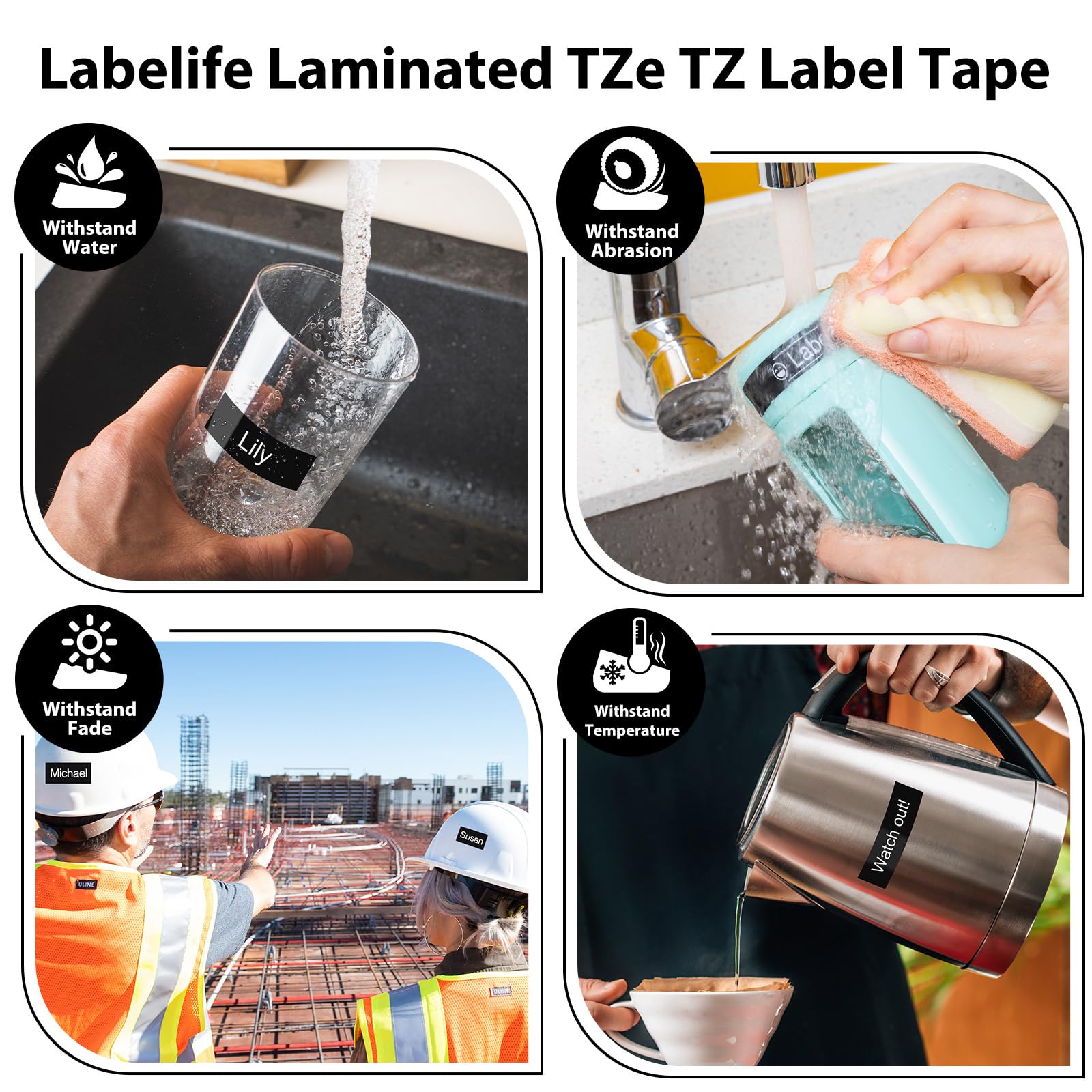 Labelife Label Maker Tape Black Replacement for Brother TZe-335 TZe335 P Touch Label Tape White on Black TZe TZ 12mm 0.47 Laminated for Brother PT-D210 PT-D220 PT-H110 PT-D400 PT-D600, 4-Pack
