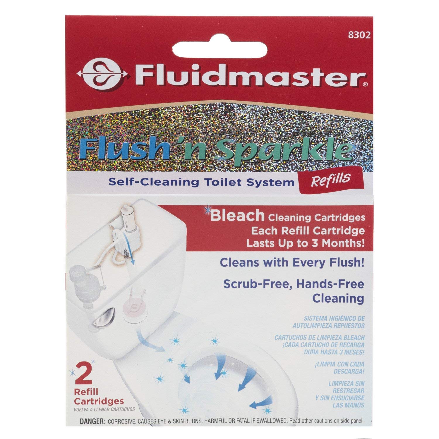 Fluidmaster 8302P8 Flush 'n Sparkle Automatic Toilet Bowl Cleaning System Bleach Replacement Cartridge Refills, 2-Pack