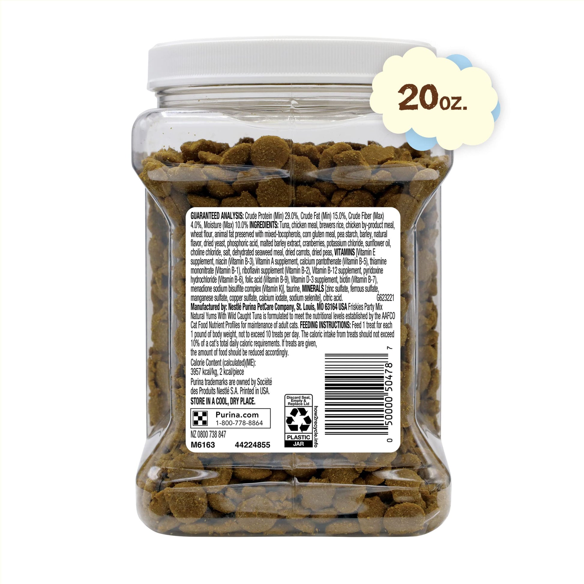Purina Friskies Natural Cat Treats, Party Mix Natural Yums With Wild Caught Tuna and Added Vitamins, Minerals and Nutrients - 20 oz. Canister