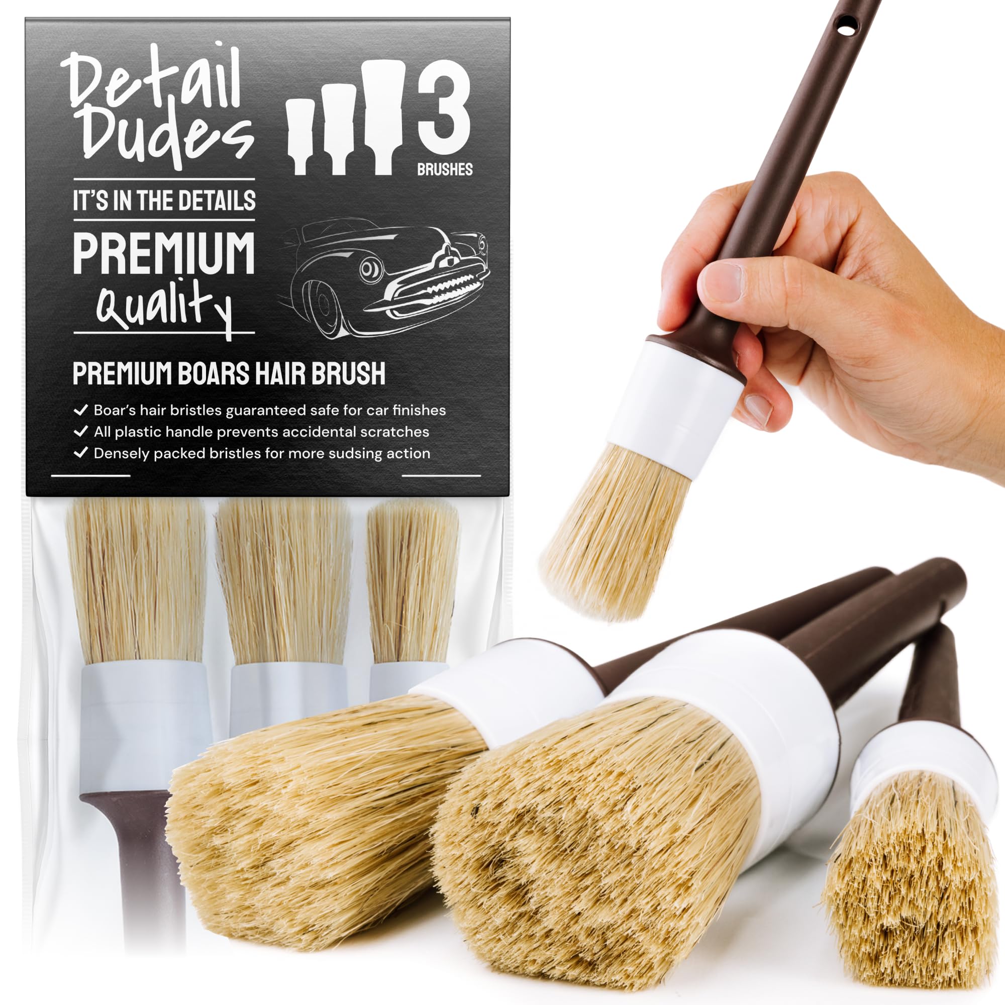 Detail Dudes Car Detailing Brush Ultra Soft Boars Hair Set of 3- Automotive Detail Brushes- Washing & Cleaning for Wheels, Interior Upholstery, Emblem, Air Vent- Vehicles & Auto Interior Detailing Kit