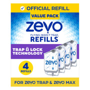 Zevo Flying Insect Trap Refill - for The Zevo MAX & Standard Indoor Fly Trap - Catch Gnats, House & Fruit Flies - Easy to Use - Mess-Free Disposal (4 Refill Cartridges)