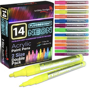14 Pack Neon UV Fluorescent Acrylic Paint Pens, Double Pack of Both Extra Fine and Medium Tip Paint Markers, for Rock Painting, Mug, Ceramic, Glass, and More, Water Based Non-Toxic and No Odor