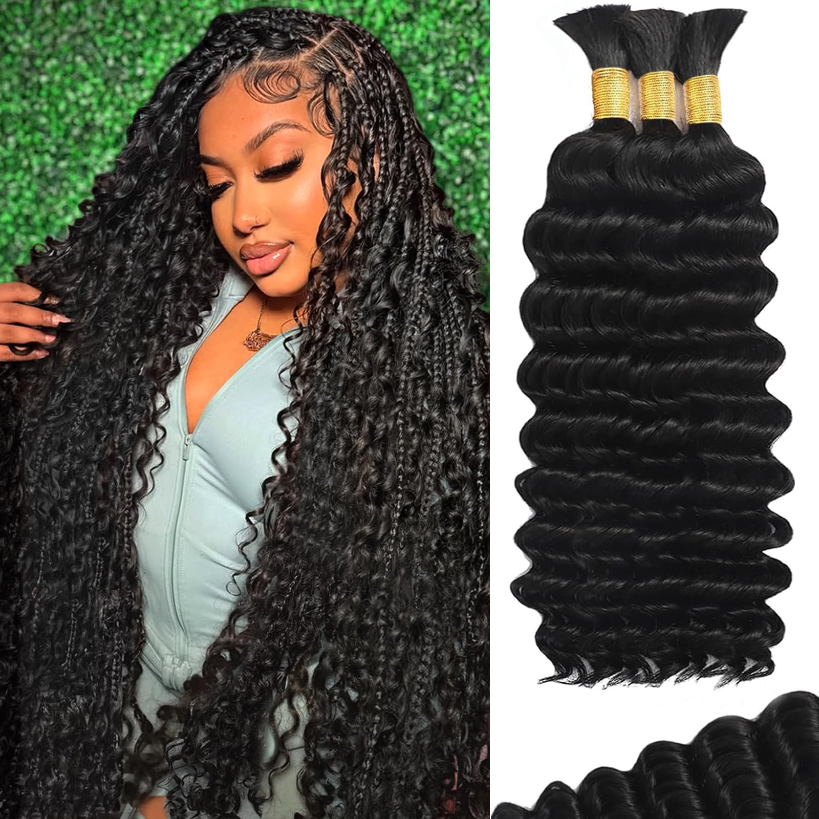 Echthaar zum Flechten für Boho-Zöpfe 120 g 20 Zoll 12A Deep Water Wave Echthaar Bulk Knotless Boho Braiding Curly 100 % Virgin ohne Tressen Extensions Bohemian Braids 3 Bündel/Packung Naturfarbe