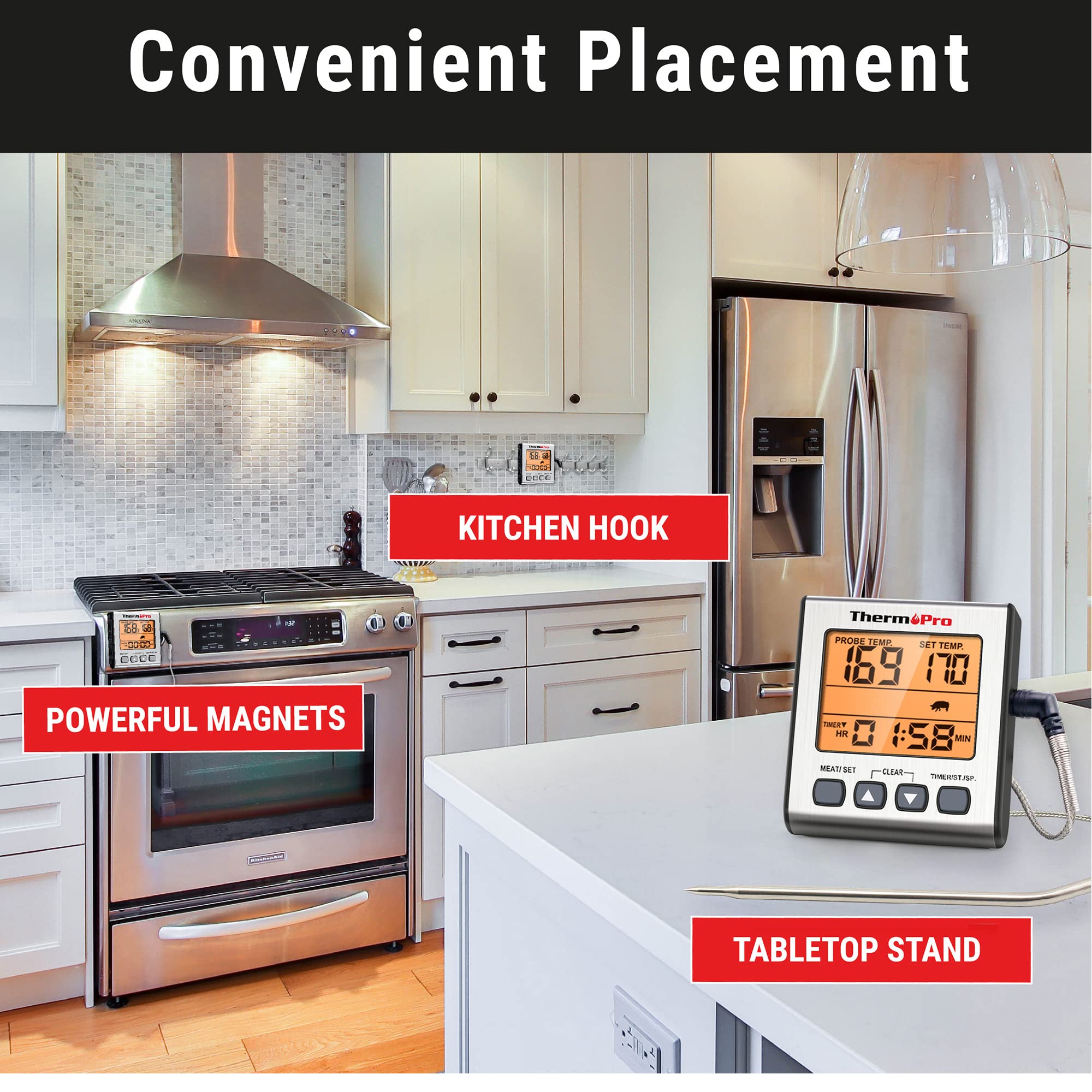 ThermoPro TP16S Digital Meat Thermometer for Cooking and Grilling, BBQ Food Thermometer with Backlight and Kitchen Timer, Grill Temperature Probe Thermometer for Smoker, Barbecue, Oven, Baking,Oil