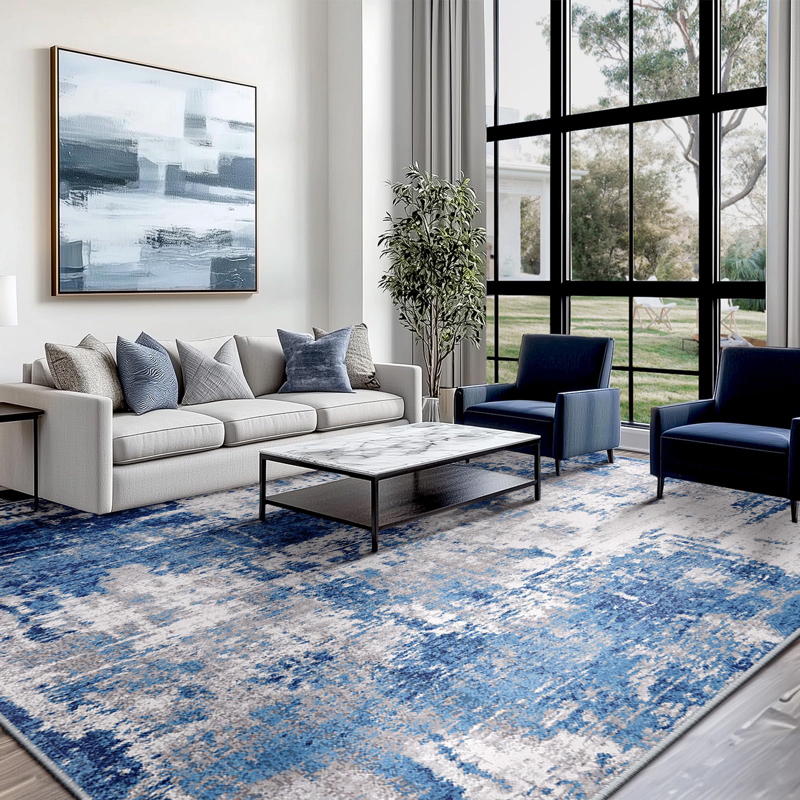 RELEANY Washable Area Rugs 5'x7' Non-Slip Modern Abstract Soft for Living Room Entryway Bedroom Nursery, Print Pattern, Blue Grey Navy Gray