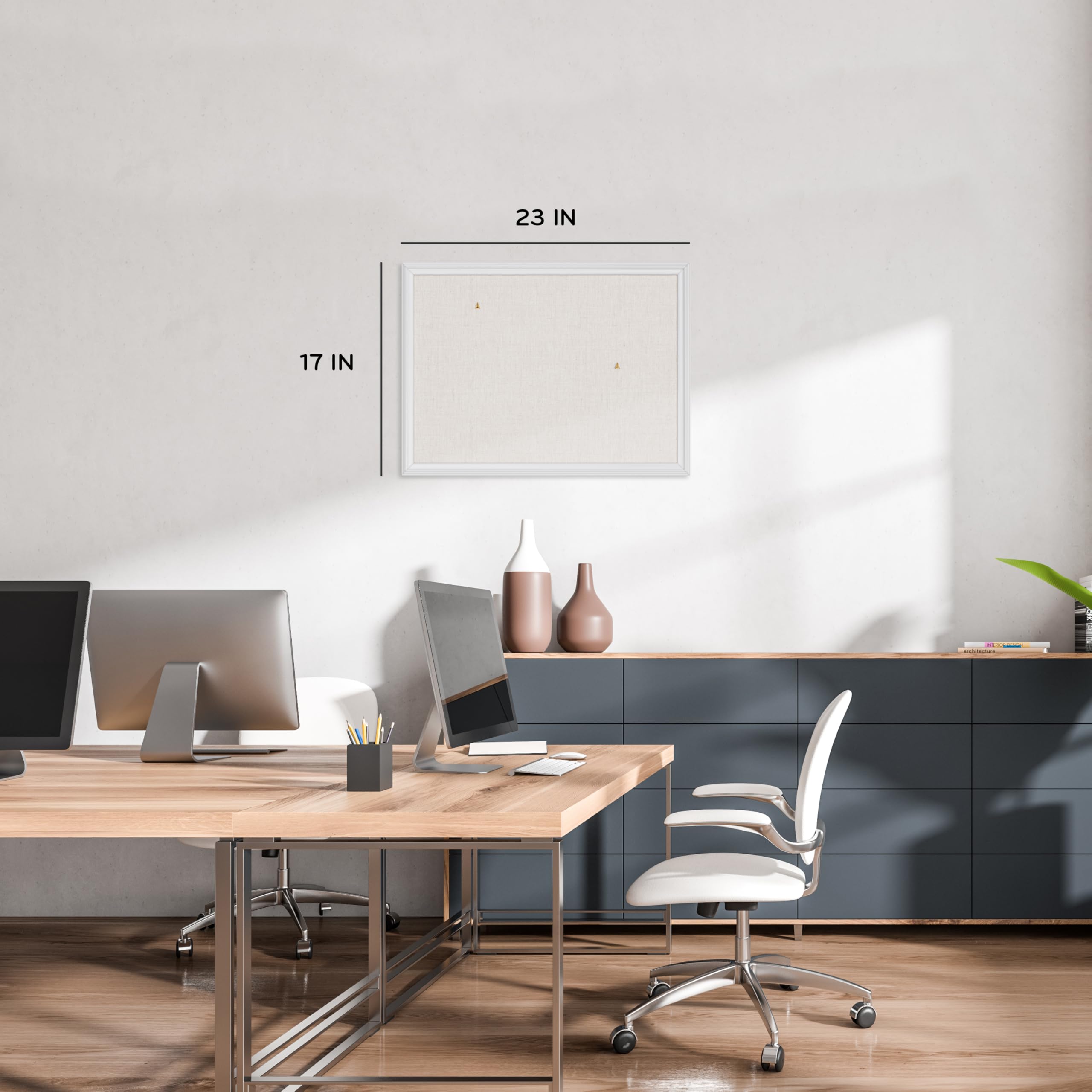 U Brands Farmhouse Linen Bulletin Board, 23"x17", White Wood Style Frame, Industrial Grade Pinning Surface