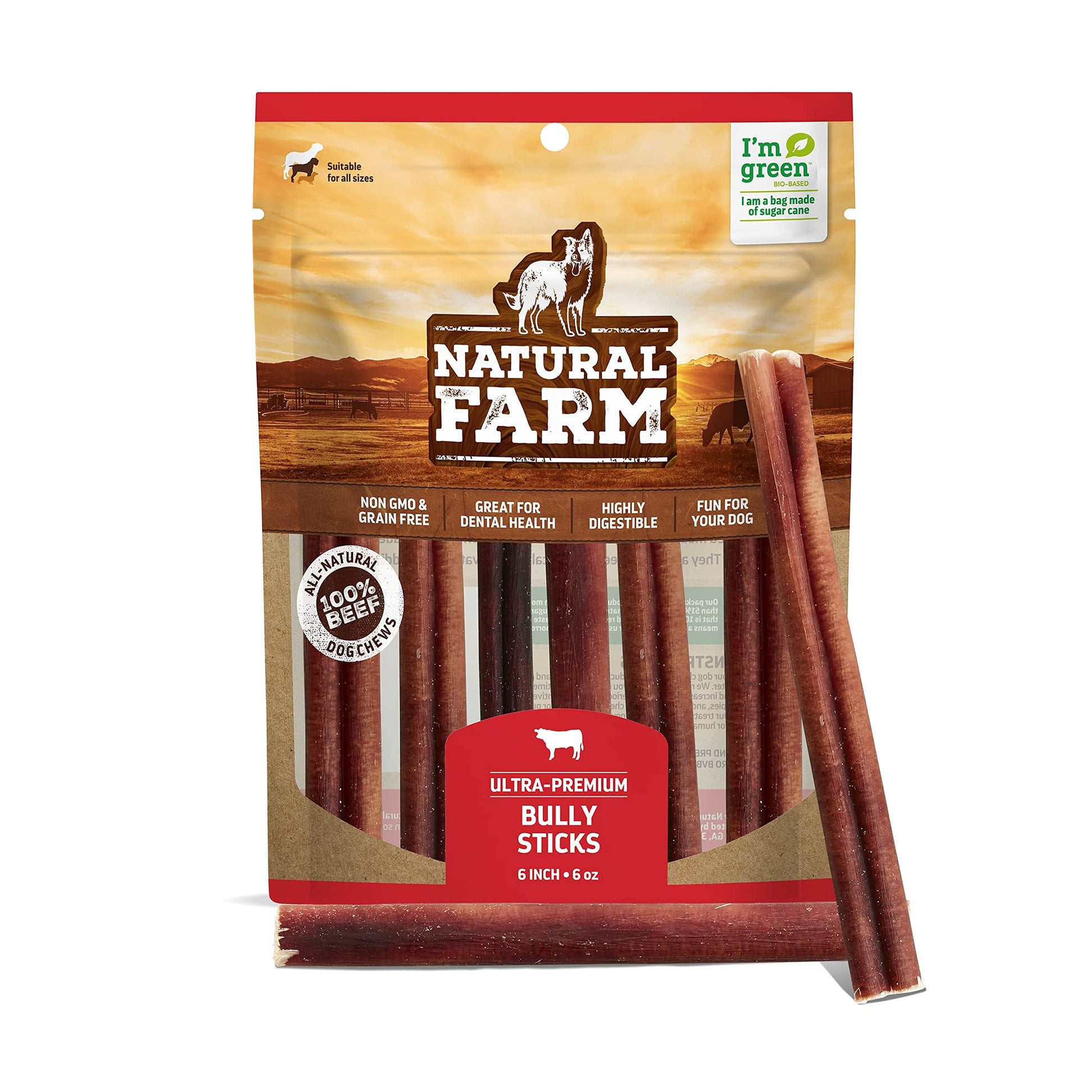 Natural Farm Bully Sticks, Odor-Free, (6 Inch, 12 Ounces), Packaged by Weight, 100% Beef Pizzle Chews, Grass-Fed, Fully Digestible Treats to Keep Your Puppies, Small and Medium Dogs Busy