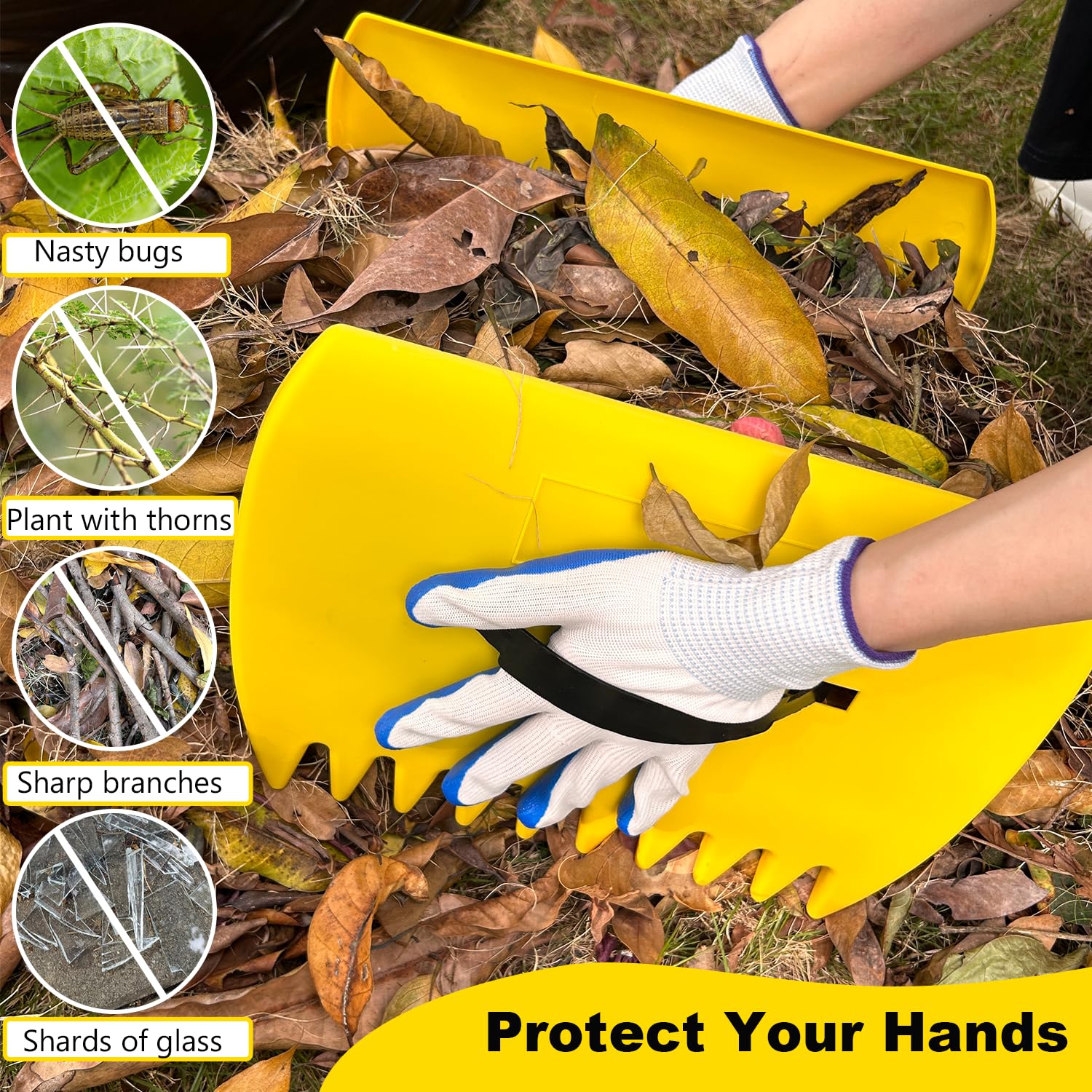 2 Sets Leaf Scoops Hand Rakes, Leaf Scoops and Claws with 2 Pairs Gloves, Lightweight Plastic Leaf Scoop, Large Leaf Grabbers for Picking Up Leaves, Clippings, Grass(2 Sets,Yellow+Green)