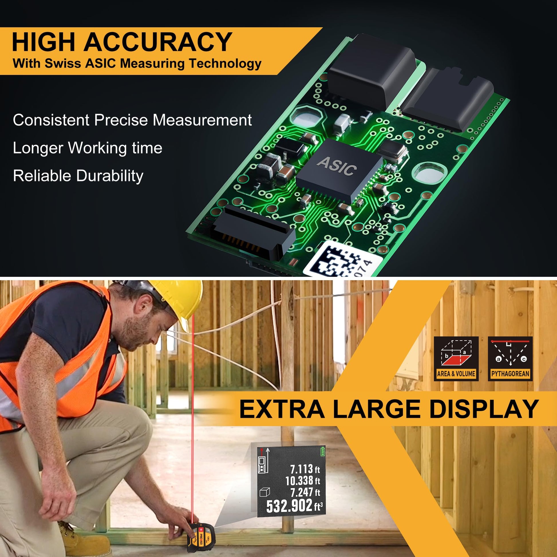 PREXISO 2-in-1 Laser Tape Measure, 135Ft Rechargeable Measurement Tool & 16Ft Measuring Movable Magnetic Hook - Pythagorean, Area, Volume, Ft/Ft+in/in/M Unit NOT Digital