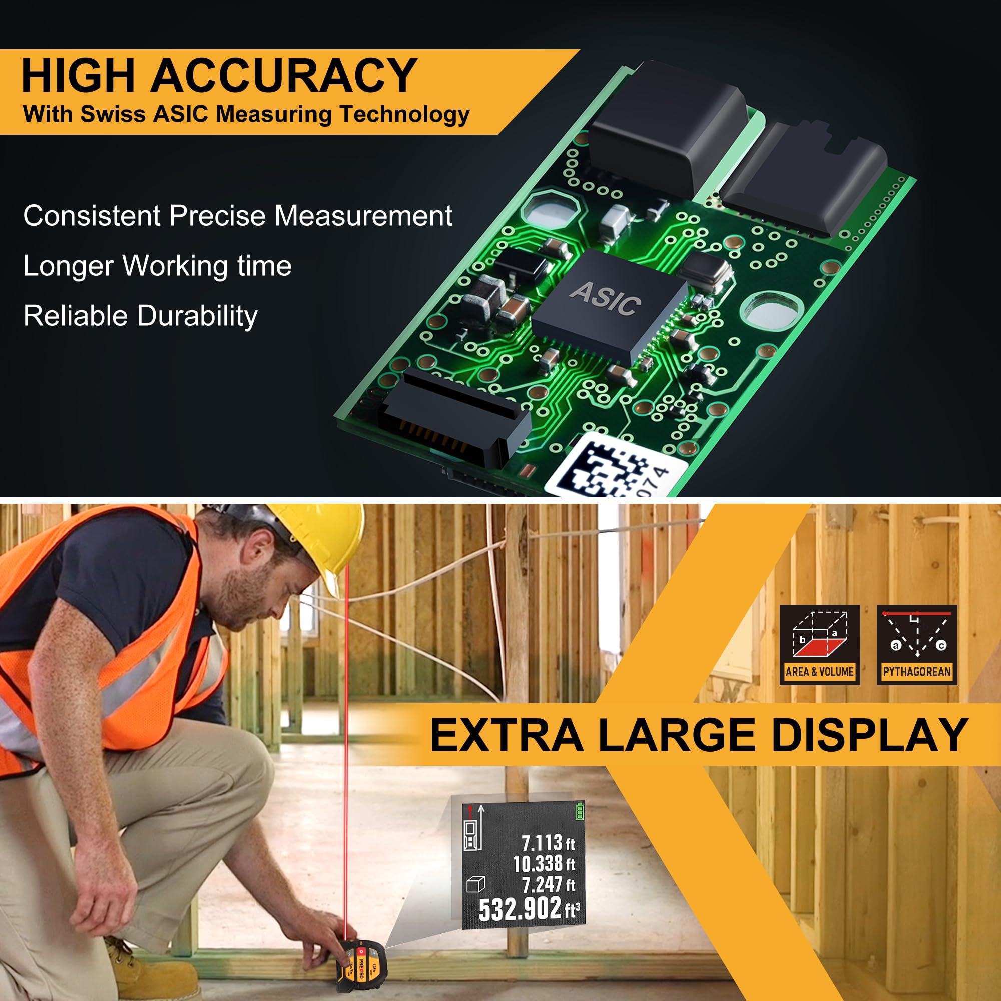 PREXISO 2-in-1 Laser Tape Measure, 135Ft Rechargeable Measurement Tool & 16Ft Measuring Movable Magnetic Hook - Pythagorean, Area, Volume, Ft/Ft+in/in/M Unit NOT Digital