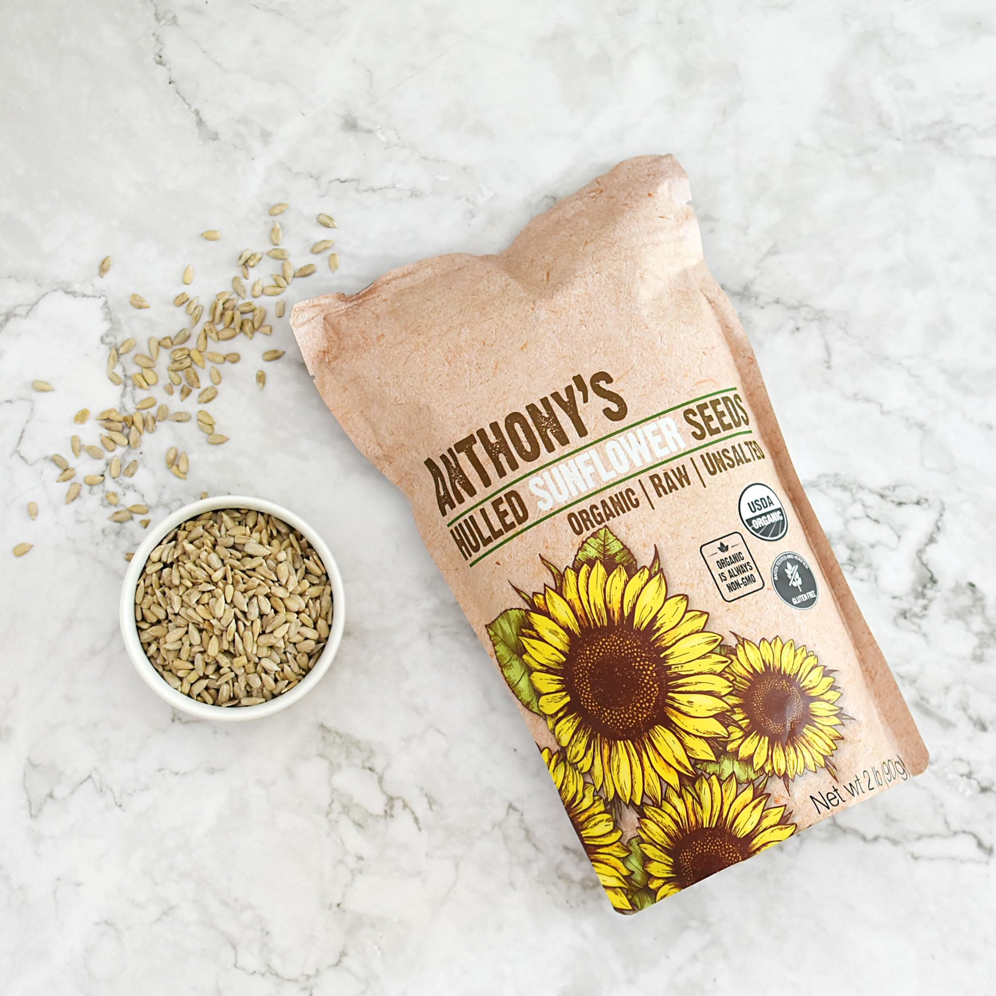 Anthony's Organic Hulled Sunflower Seeds, 2 lb, Raw, Unsalted, Batch Tested and Gluten Free, Keto Friendly