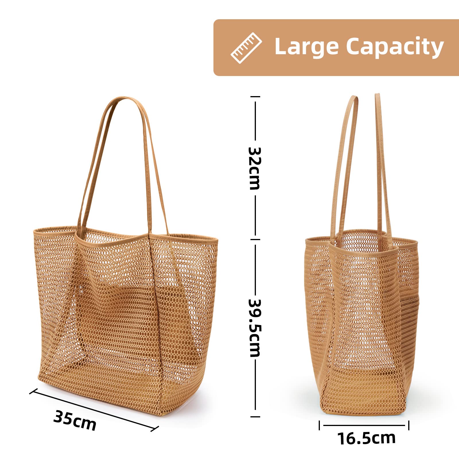 KALIDI Beach Mesh Tote Bag, Casual Tote Grocery Bag Hobo Women Foldable MAX 23L Shoulder Bag For Beach Picnic Vacation