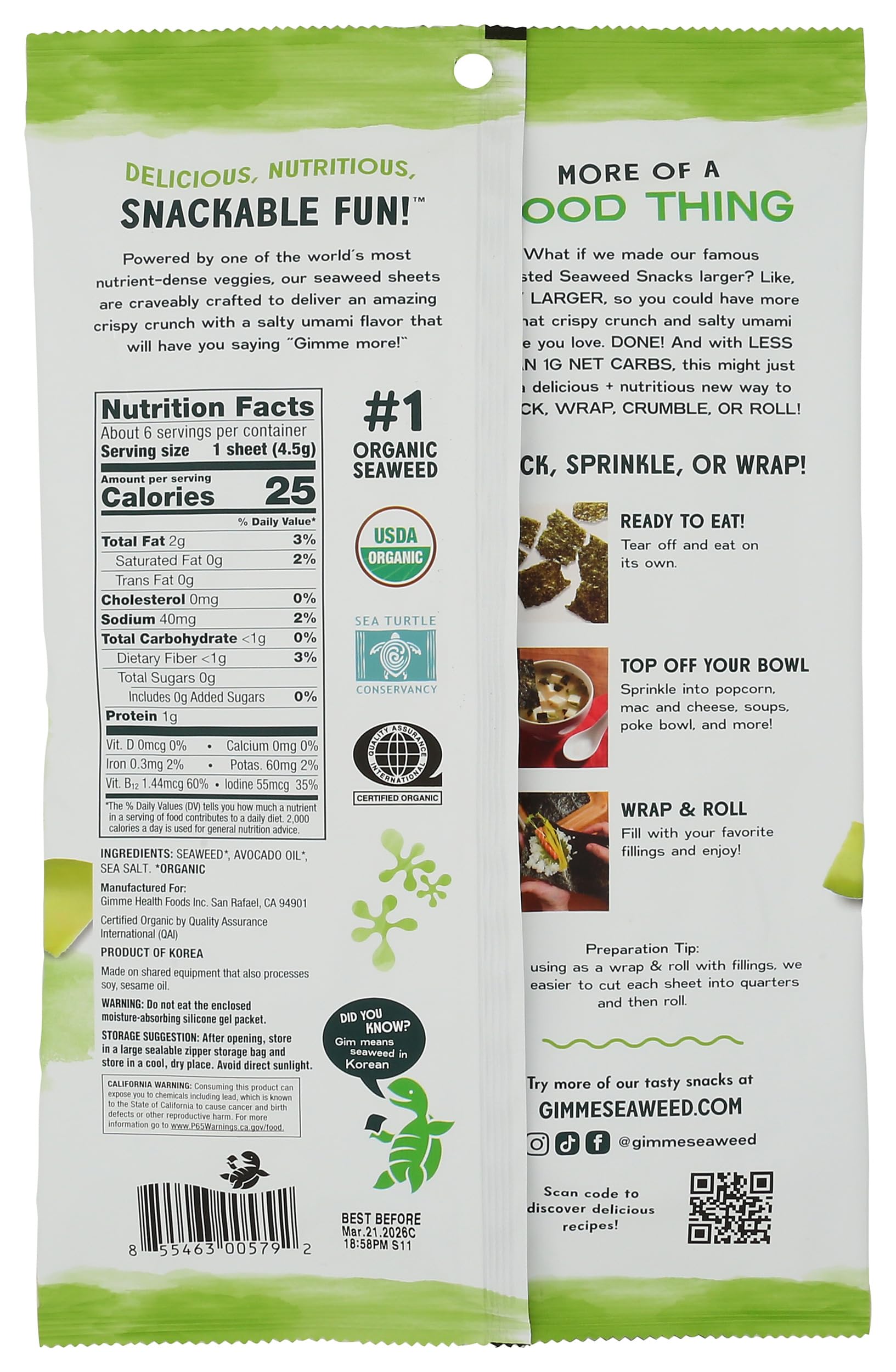 Gimme Organic Avocado Oil Sea Salt Roasted Seaweed, 0.92 Oz