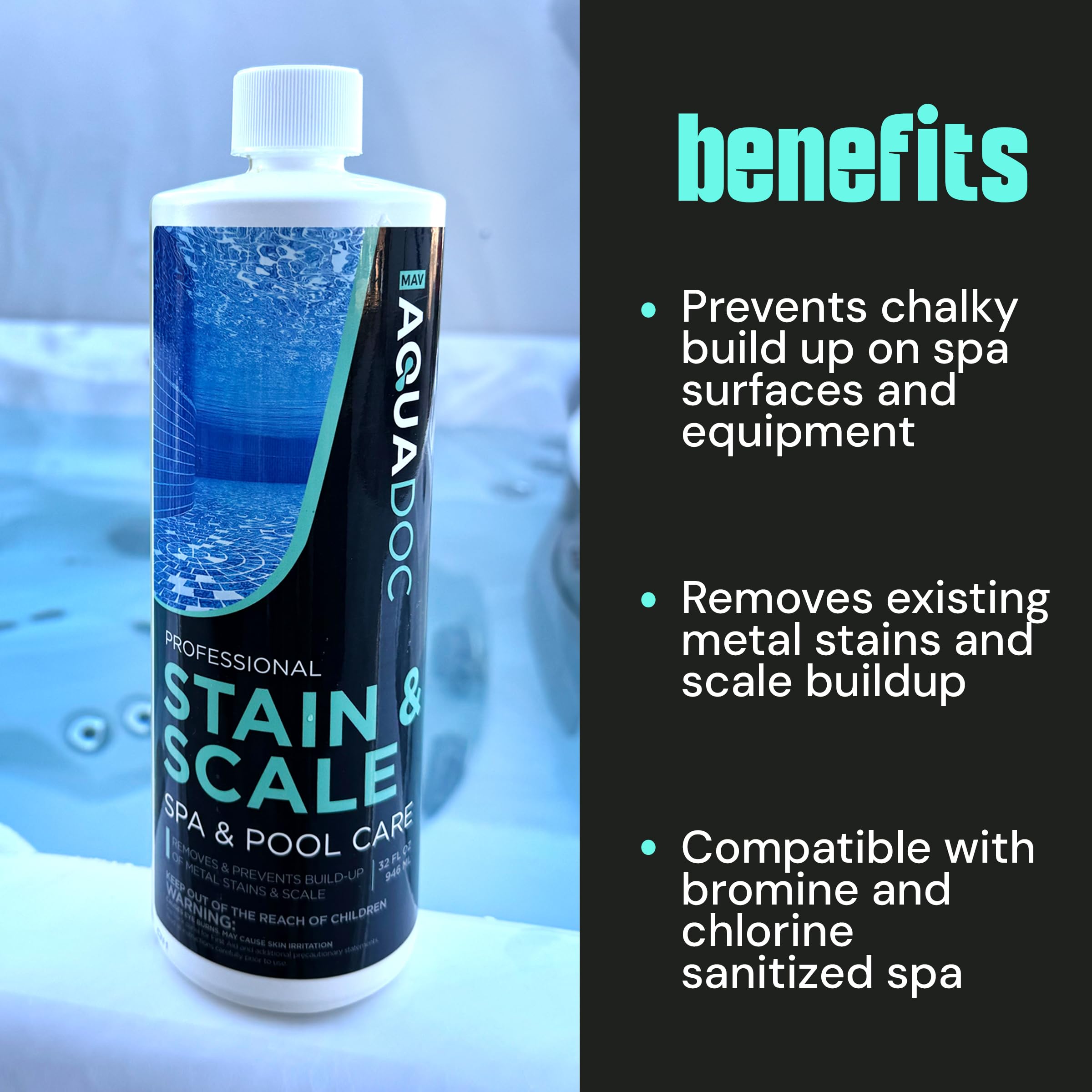 Spa Stain and Scale Control for Hot Tubs, Scale Metal & Stain Control for Hot Tubs, Prevent & Remove Stains in Hot Tubs with Our Hot Tub Water Softener & Spa Descaler Chemical | AquaDoc 32oz