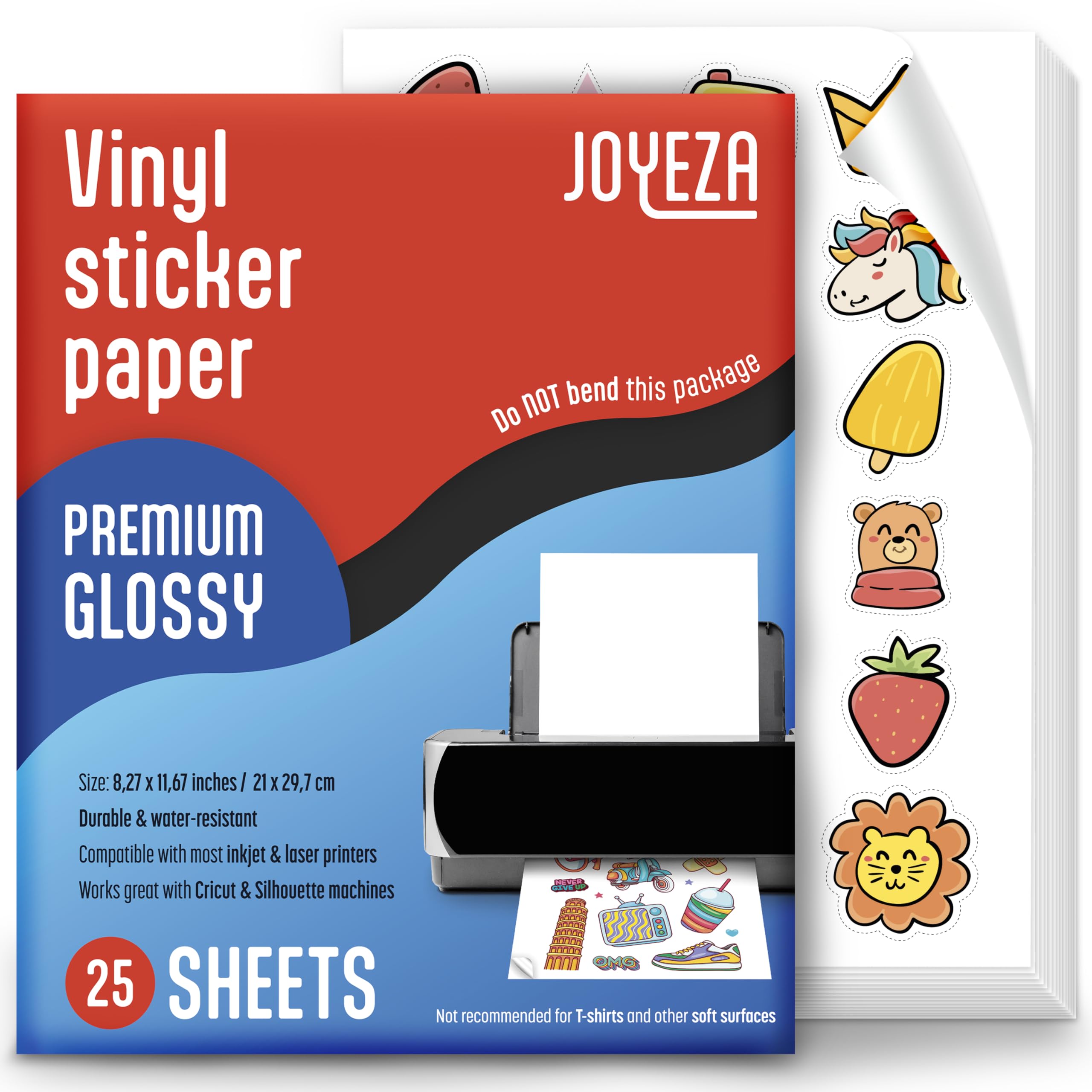 JOYEZA Premium Printable Vinyl Sticker Paper for Inkjet Printer - 25 Sheets Glossy White Waterproof, Dries Quickly Vivid Colors, Holds Ink Well - Inkjet & Laser Printer