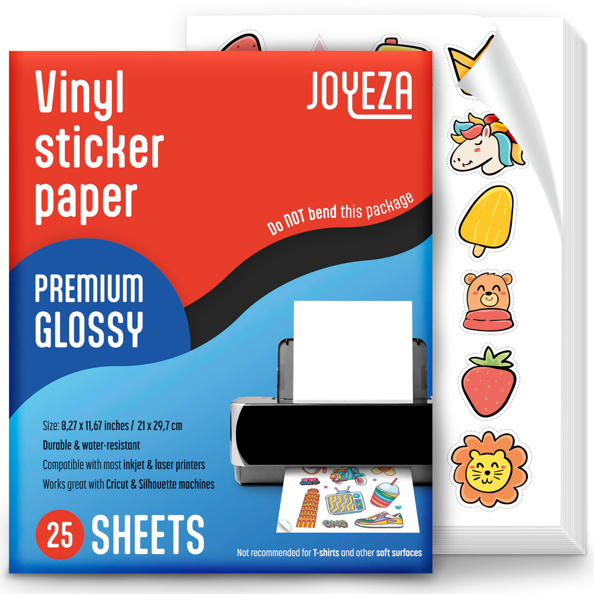 JOYEZA Premium bedruckbares Vinyl-Aufkleberpapier für Tintenstrahldrucker – 25 Blatt glänzend weiß, wasserfest, schnell trocknend, lebendige Farben, hält Tinte gut – Tintenstrahl- und Laserdrucker